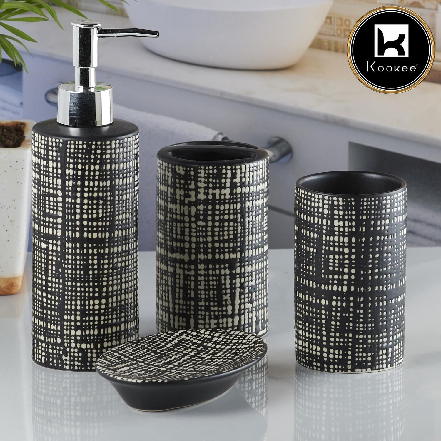 Kookee Ceramic Bathroom Accessories Set of 4, Modern Bath Set with Liquid handwash Soap Dispenser and Toothbrush holder, Luxury Gift Accessory for Home, Black