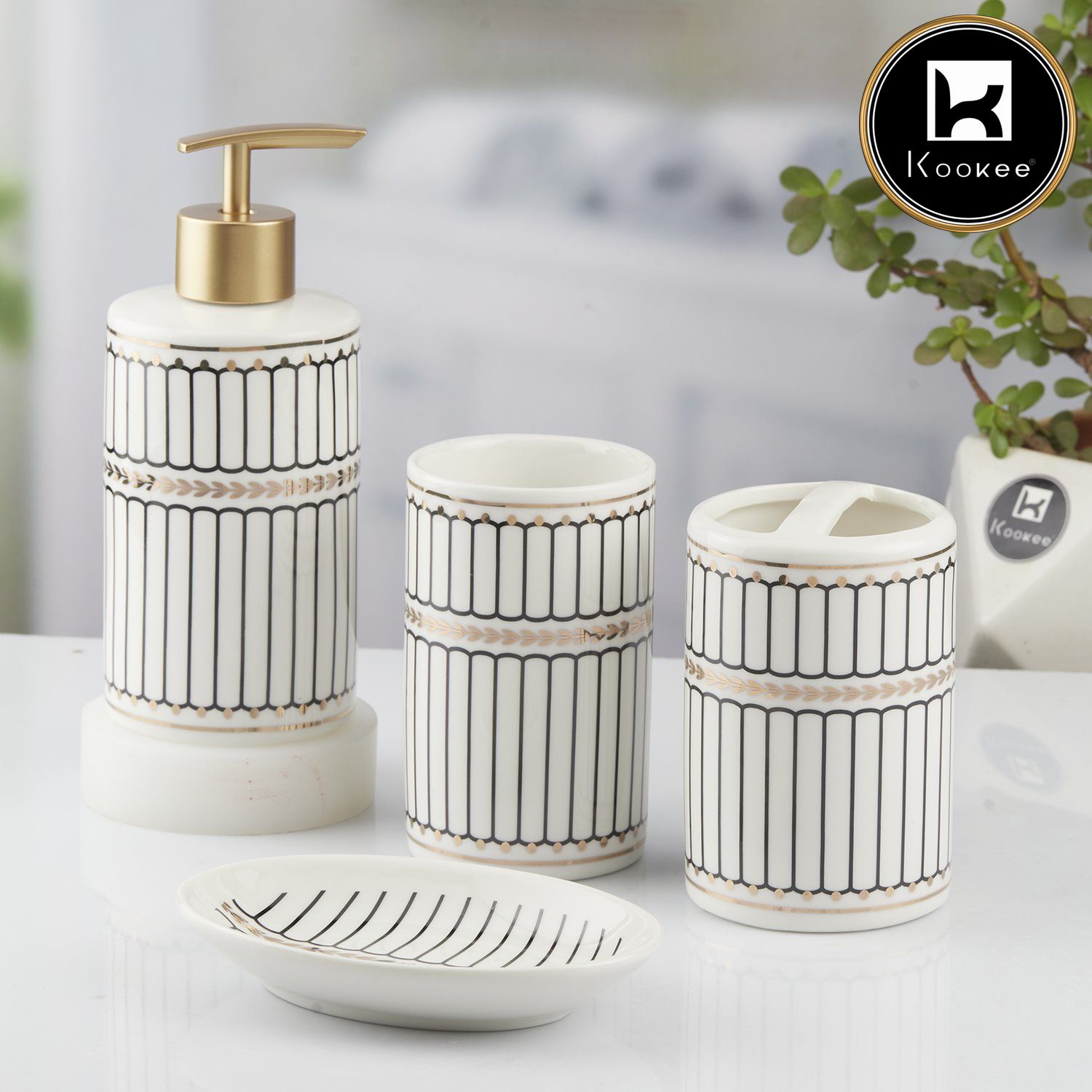 Kookee Ceramic Bathroom Accessories Set of 4, Modern Bath Set with Liquid handwash Soap Dispenser and Toothbrush holder, Luxury Gift Accessory for Home, White/Black