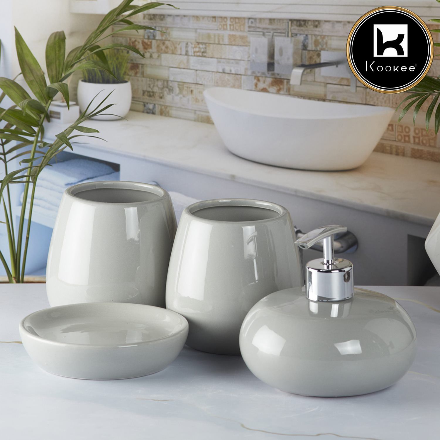 Ceramic Bathroom Accessories Set of 4 with Soap Dispenser (5752)