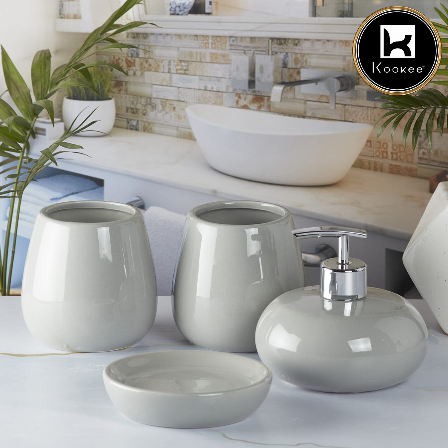 Ceramic Bathroom Accessories Set of 4 with Soap Dispenser, Grey (5752)