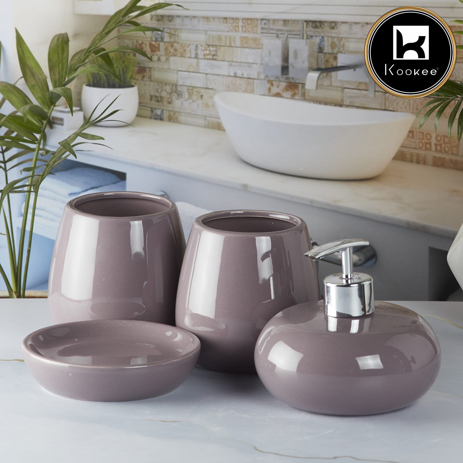 Ceramic Bathroom Accessories Set of 4 with Soap Dispenser (5753)