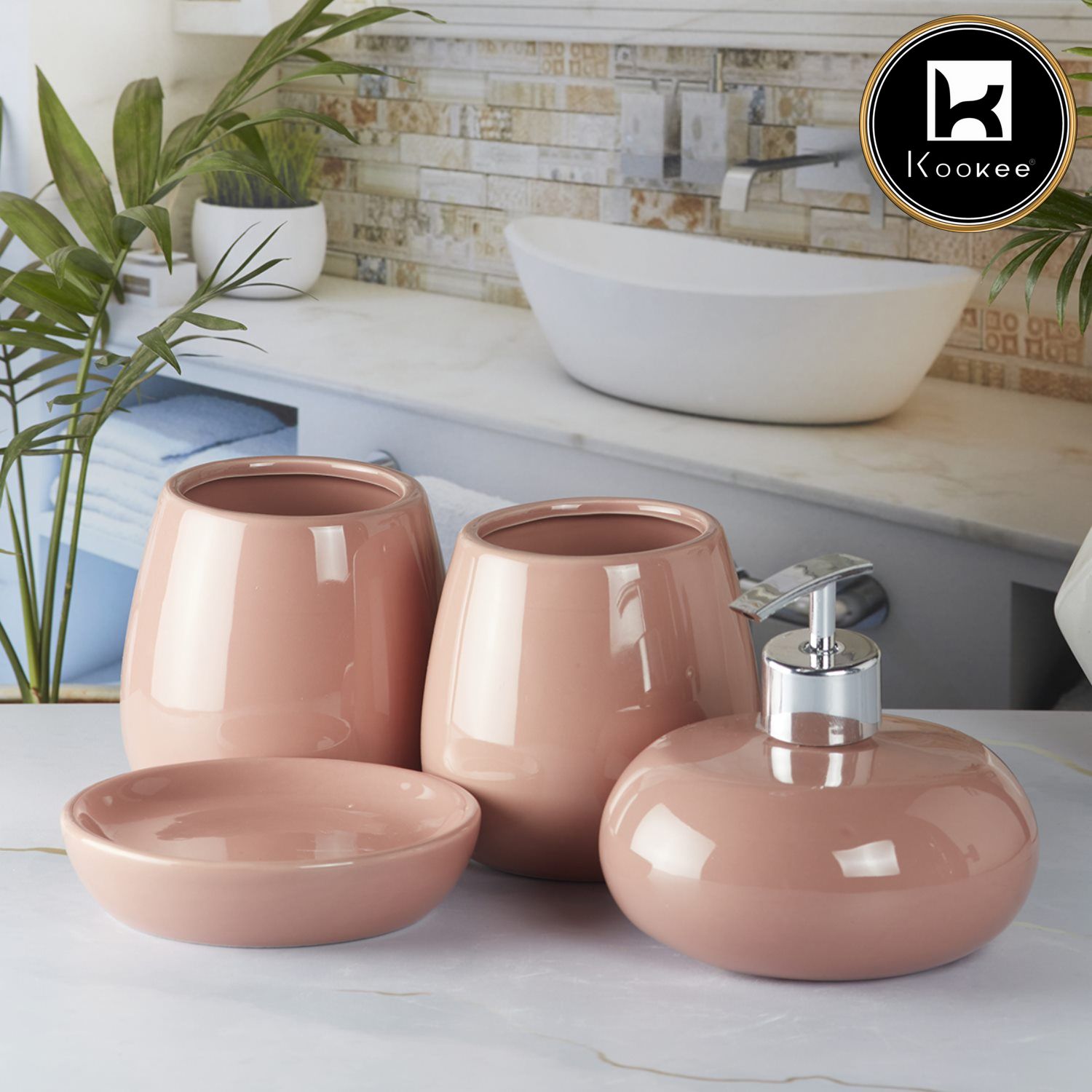 Kookee Ceramic Bathroom Sets, Pink, ART05755