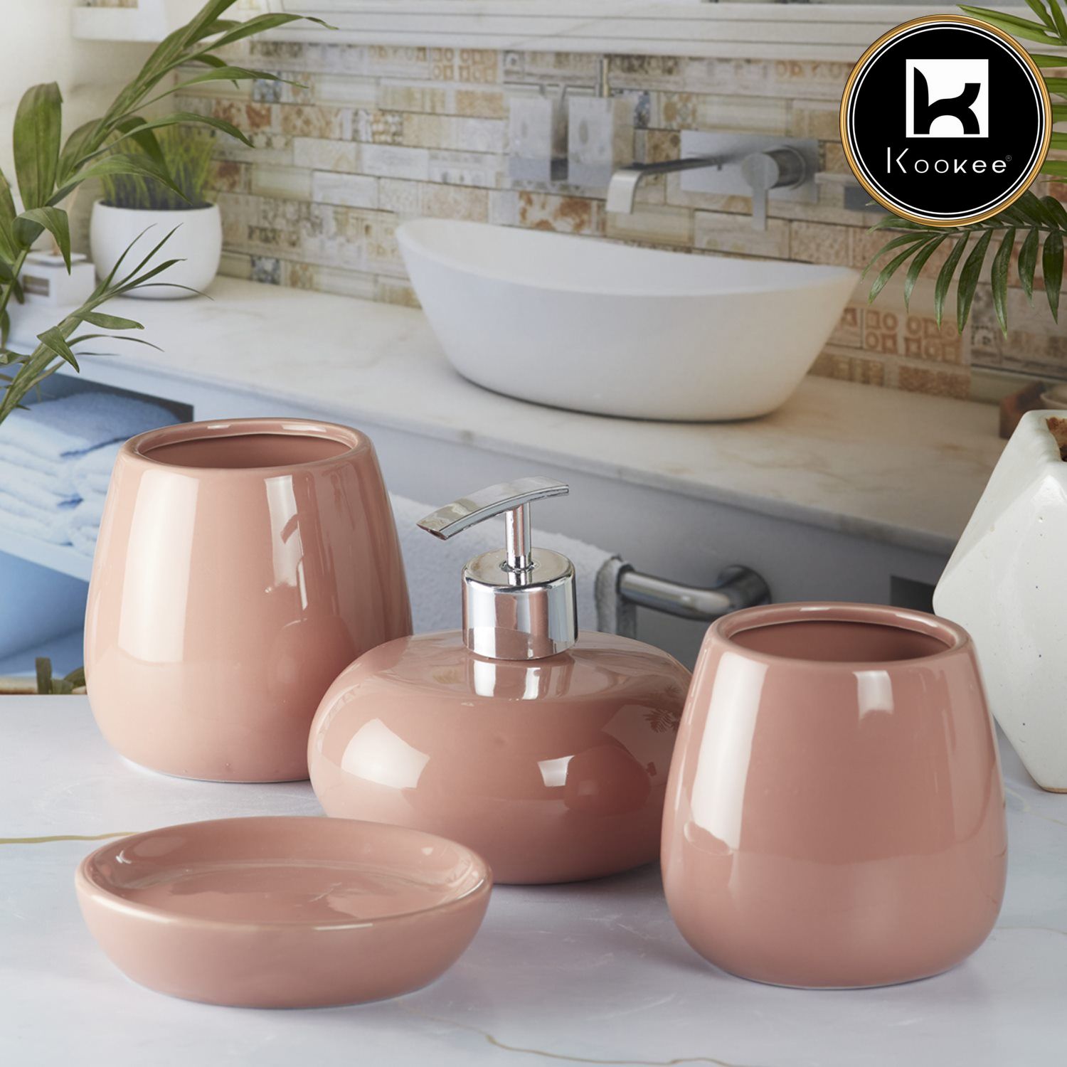 Ceramic Bathroom Accessories Set of 4 with Soap Dispenser, Pink (5755)