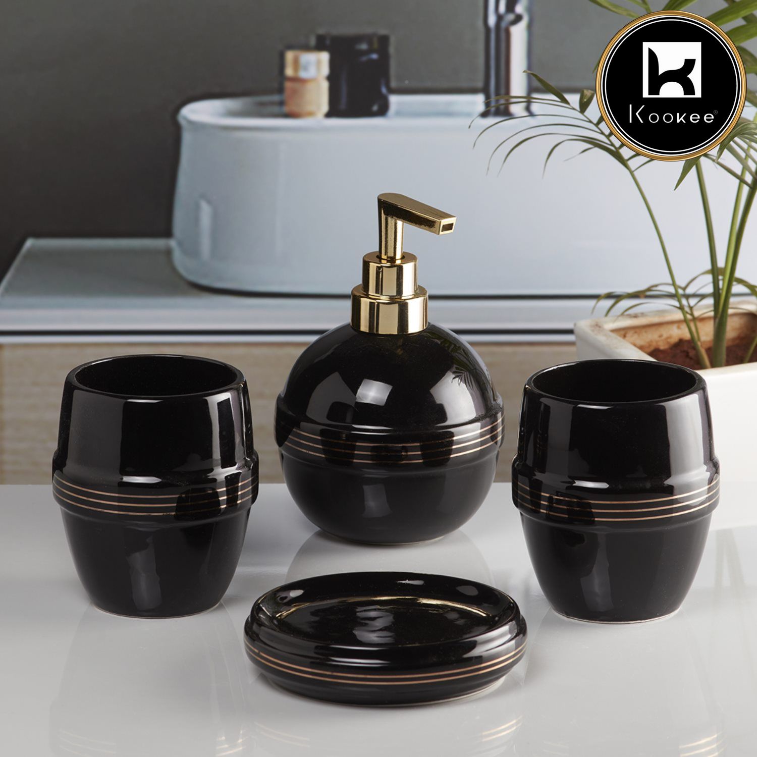 Ceramic Bathroom Accessories Set of 4 with Soap Dispenser (5756)