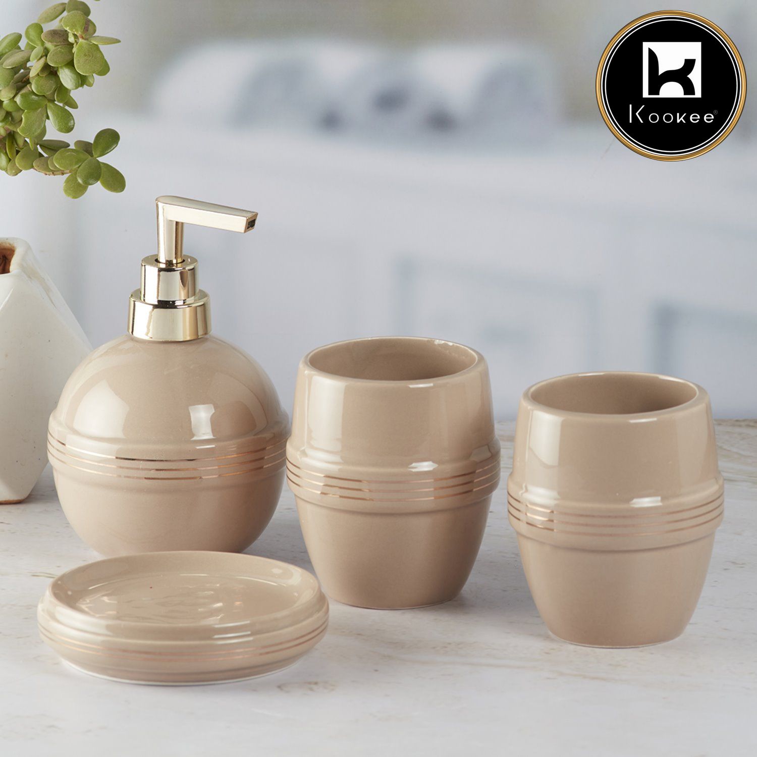 Ceramic Bathroom Accessories Set of 4 with Soap Dispenser, Beige (5758)