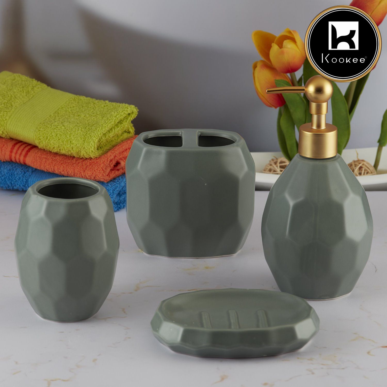 Ceramic Bathroom Accessories Set of 4 with Soap Dispenser, Green (5759)