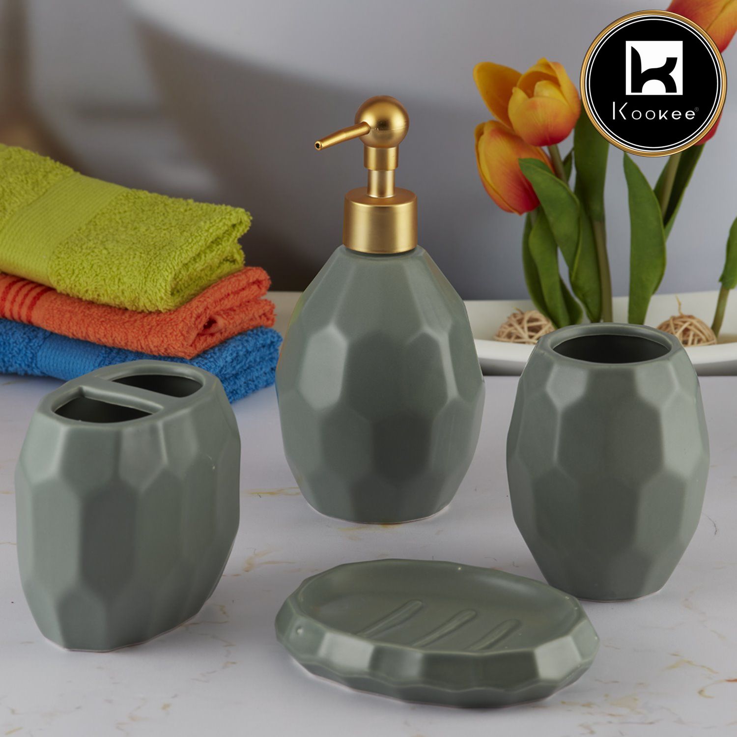 Ceramic Bathroom Accessories Set of 4 with Soap Dispenser (5759)