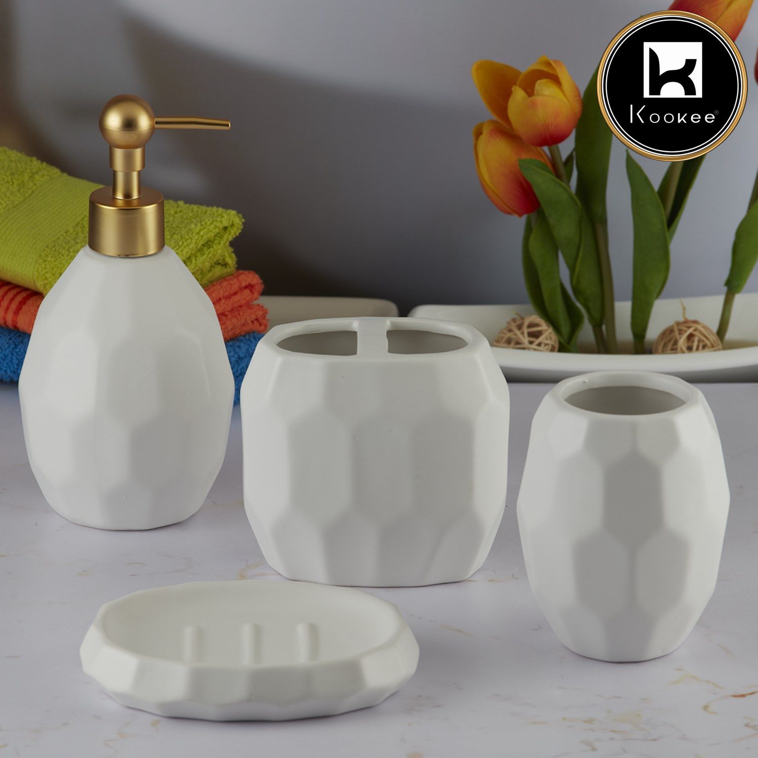 Ceramic Bathroom Accessories Set of 4 with Soap Dispenser, White (5760)