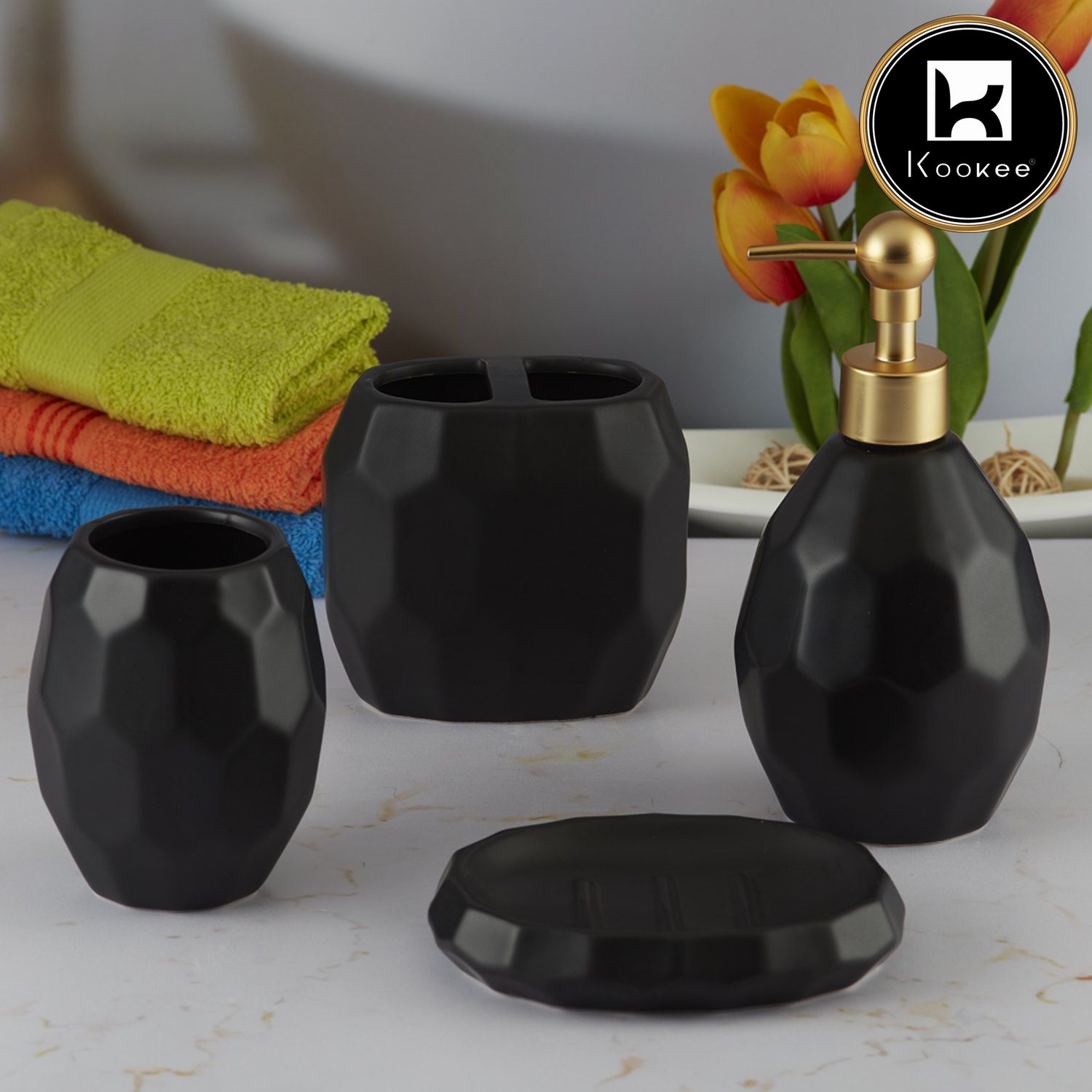 Ceramic Bathroom Accessories Set of 4 with Soap Dispenser (V-CBS-154-2)