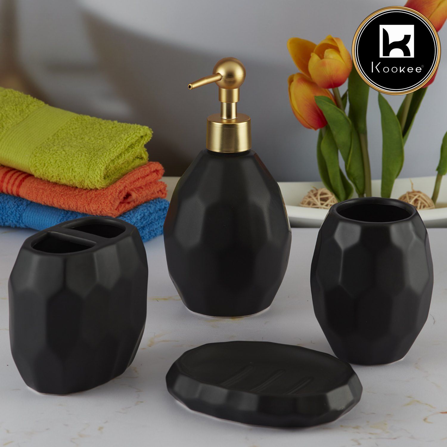 Ceramic Bathroom Accessories Set of 4 with Soap Dispenser (V-CBS-154-2)