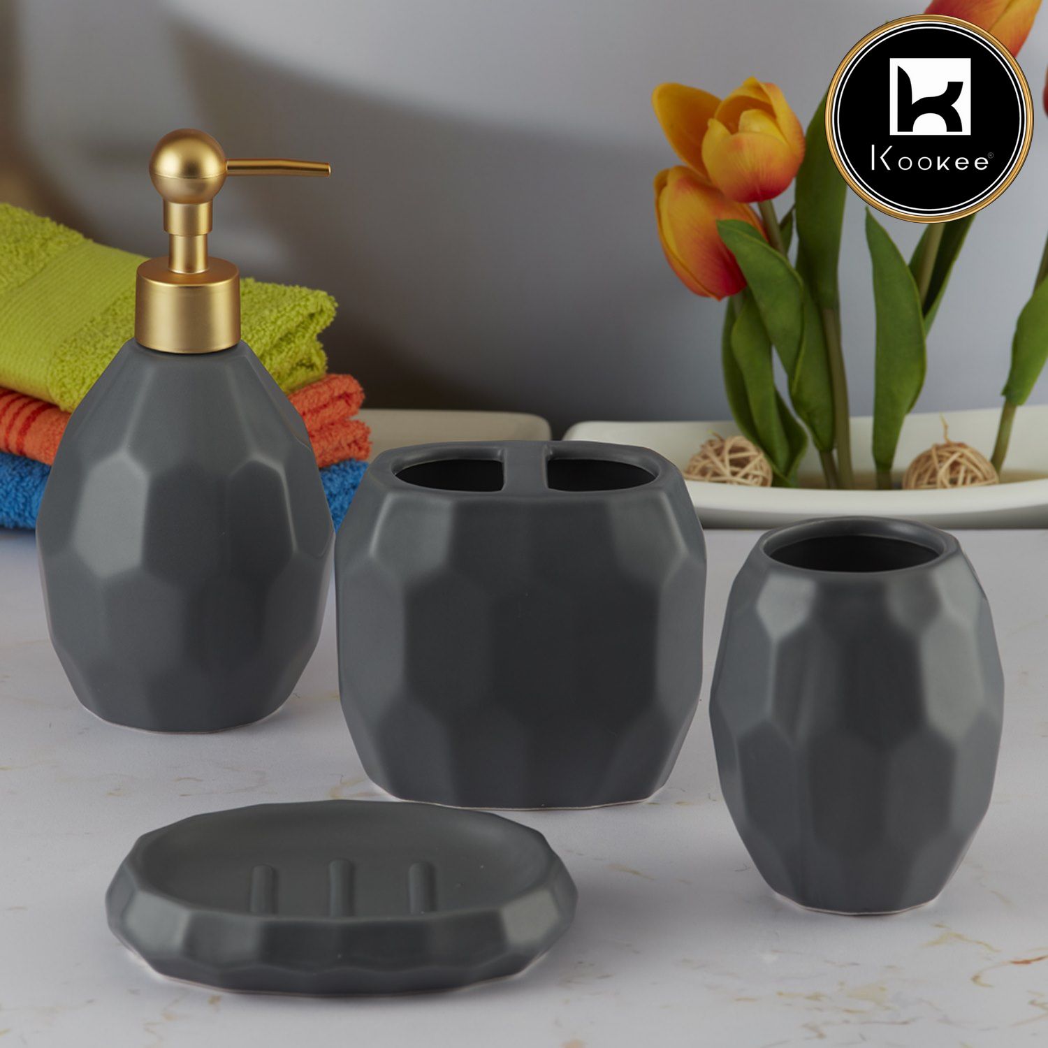 Ceramic Bathroom Accessories Set of 4 with Soap Dispenser, Grey (5762)