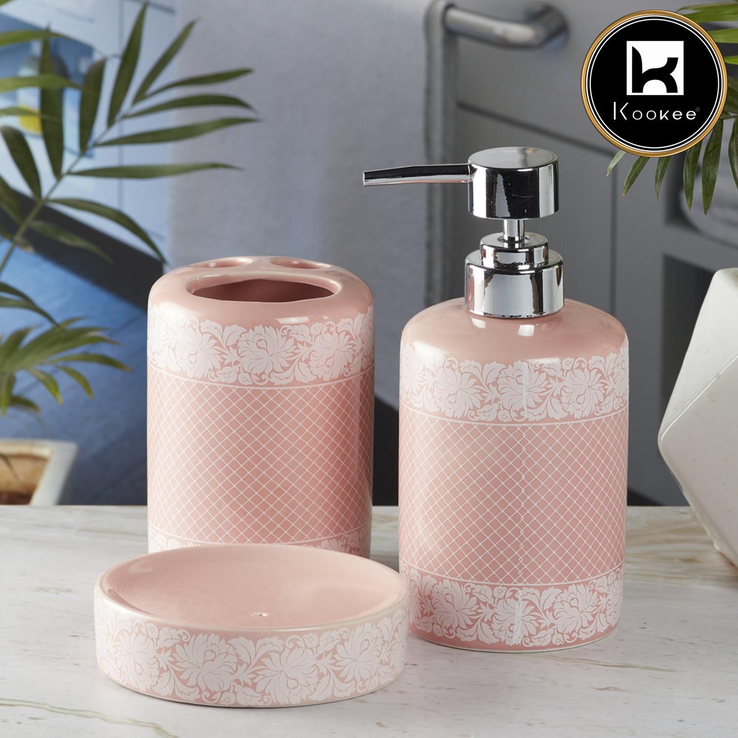 Ceramic Bathroom Accessories Set of 3 with Soap Dispenser, Pink (5763)