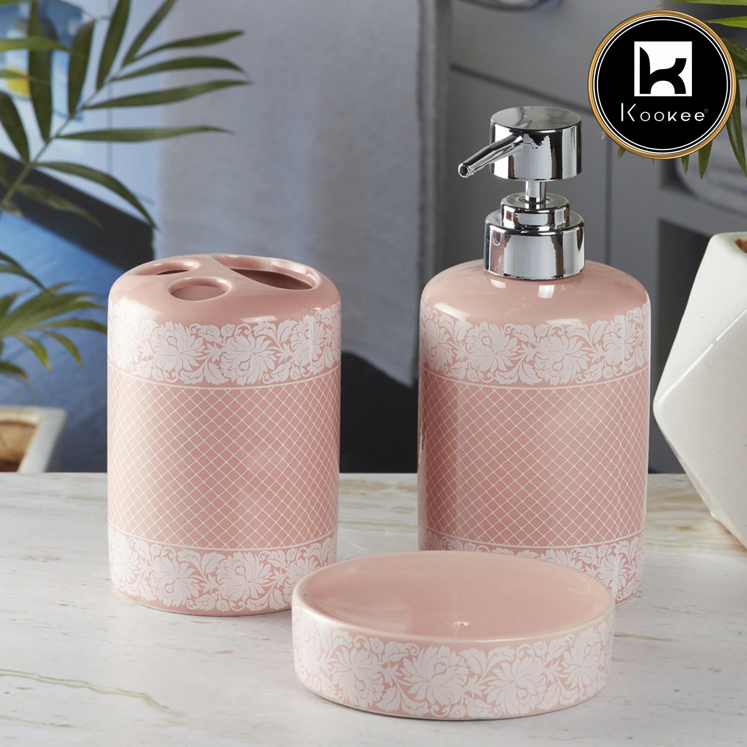 Ceramic Bathroom Accessories Set of 3 with Soap Dispenser, Pink (5763)