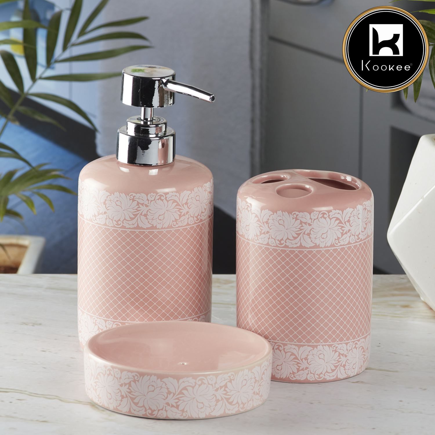 Ceramic Bathroom Accessories Set of 3 with Soap Dispenser, Pink (5763)