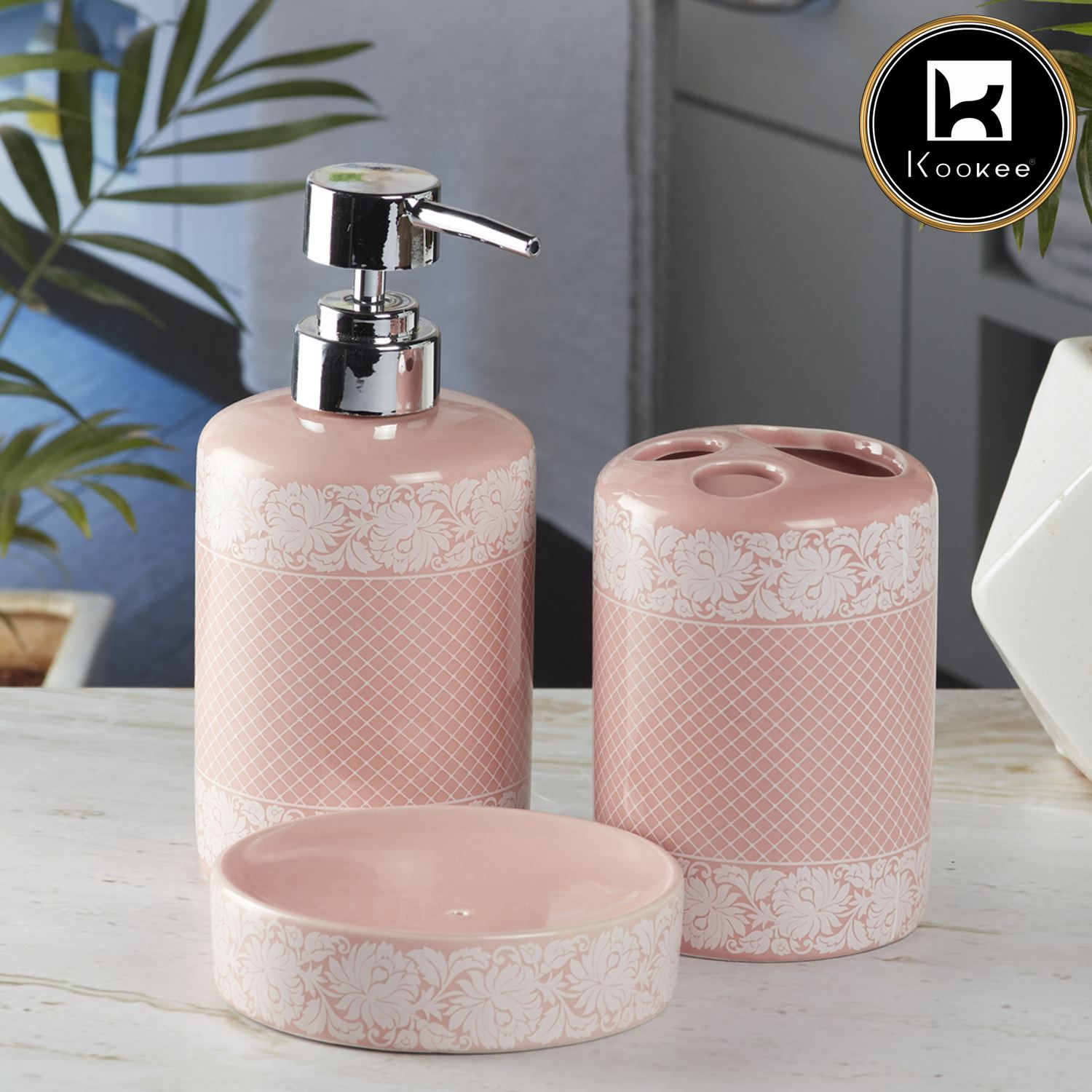 Ceramic Bathroom Accessories Set of 3 with Soap Dispenser (5763)