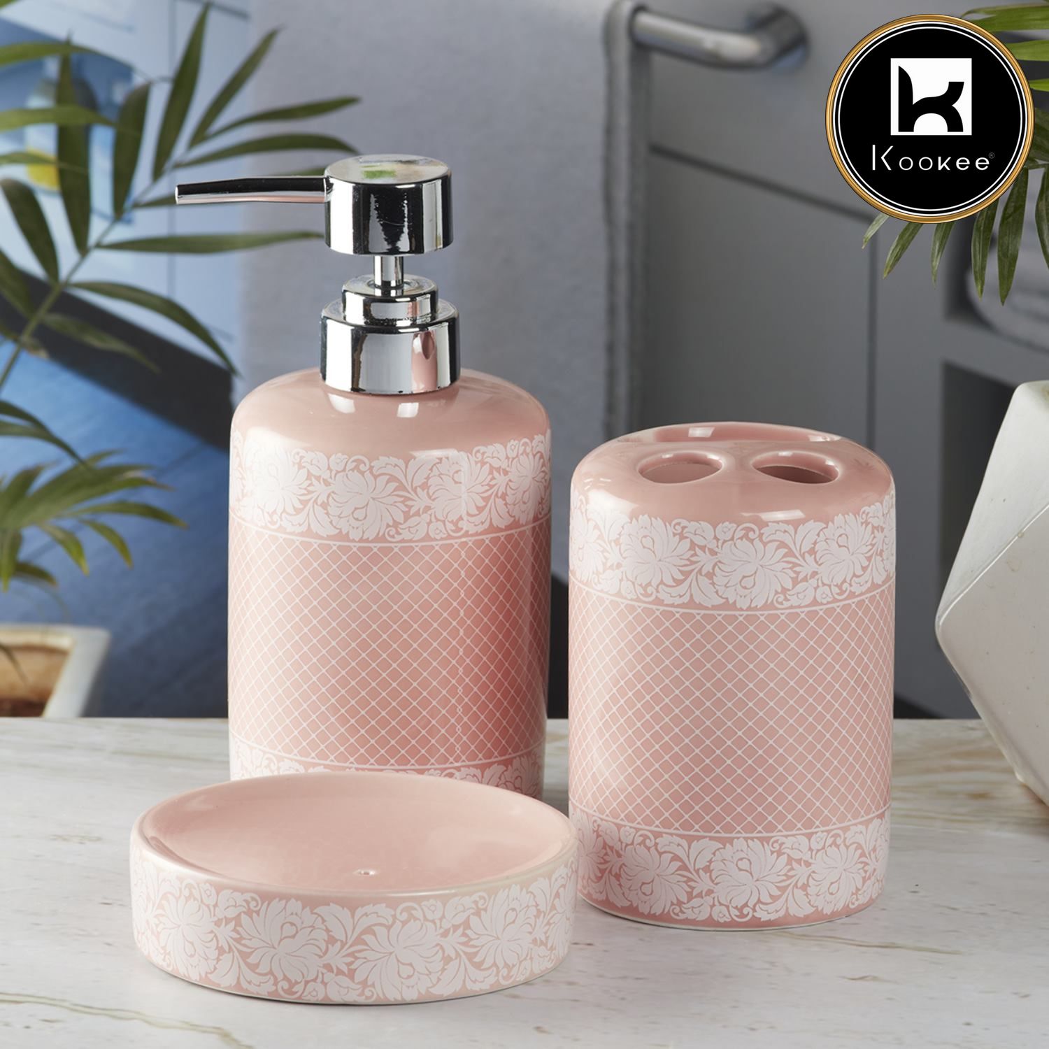 Ceramic Bathroom Accessories Set of 3 with Soap Dispenser, Pink (5763)