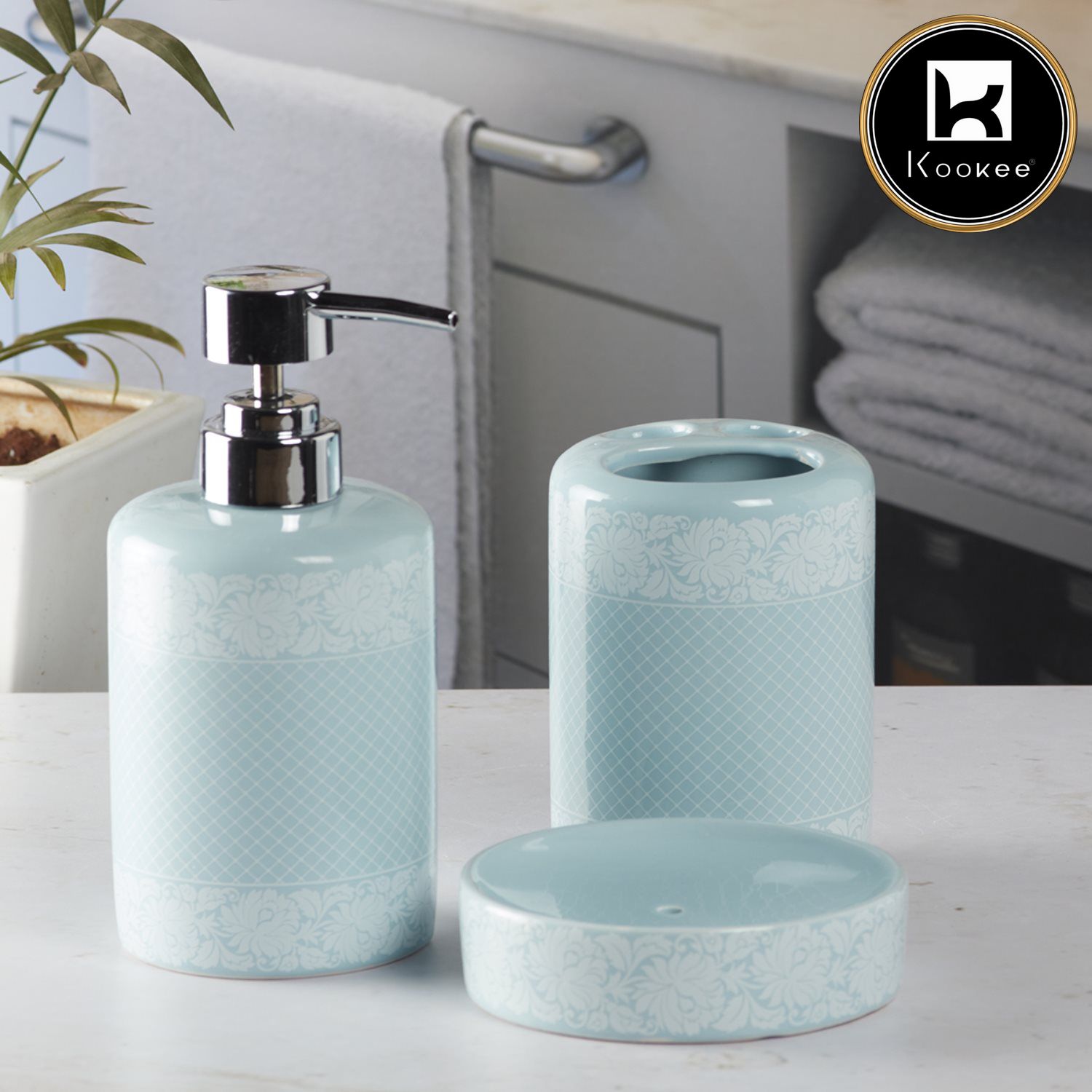 Ceramic Bathroom Accessories Set of 3 with Soap Dispenser (V-CBS-021-1)
