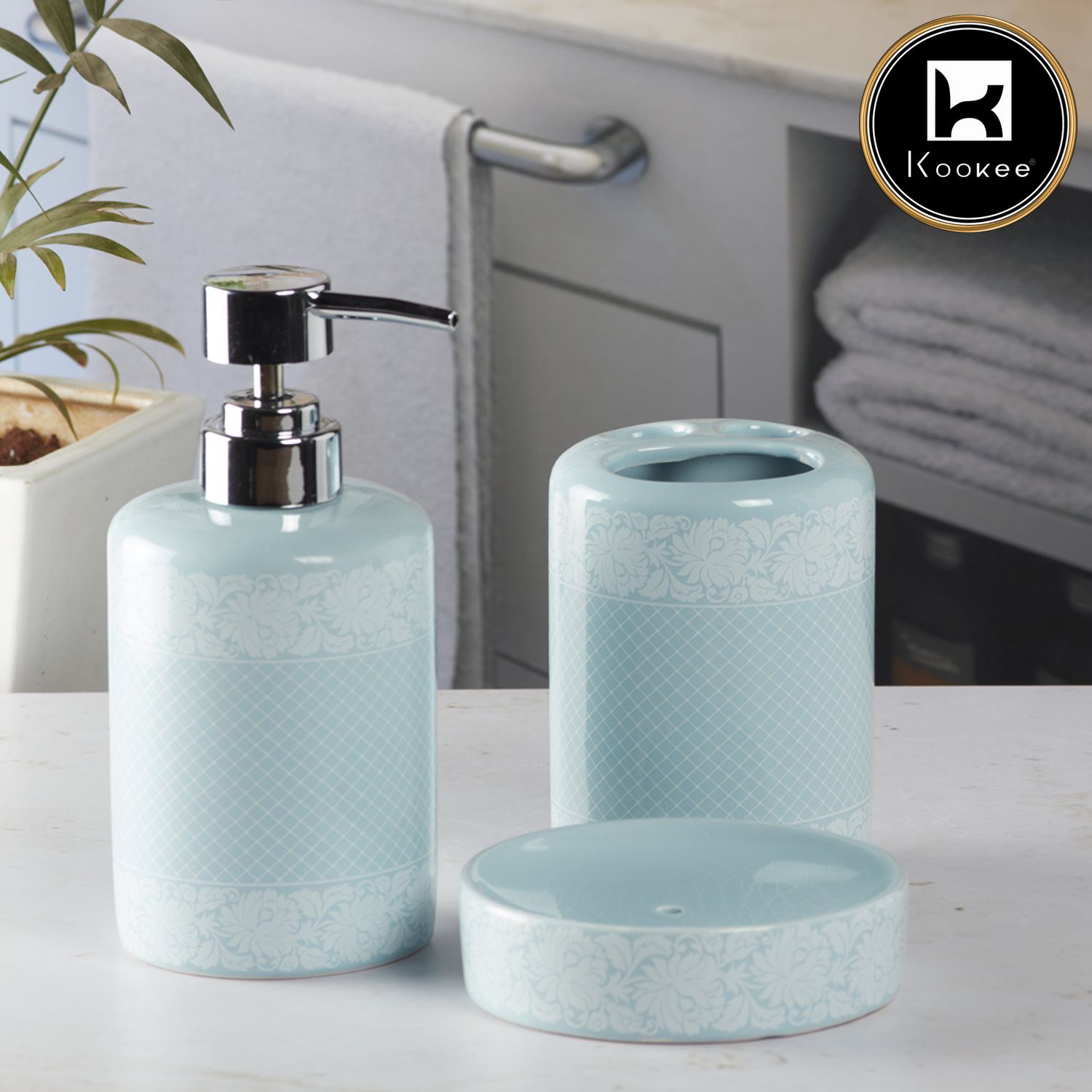 Ceramic Bathroom Accessories Set of 3 with Soap Dispenser (5764)