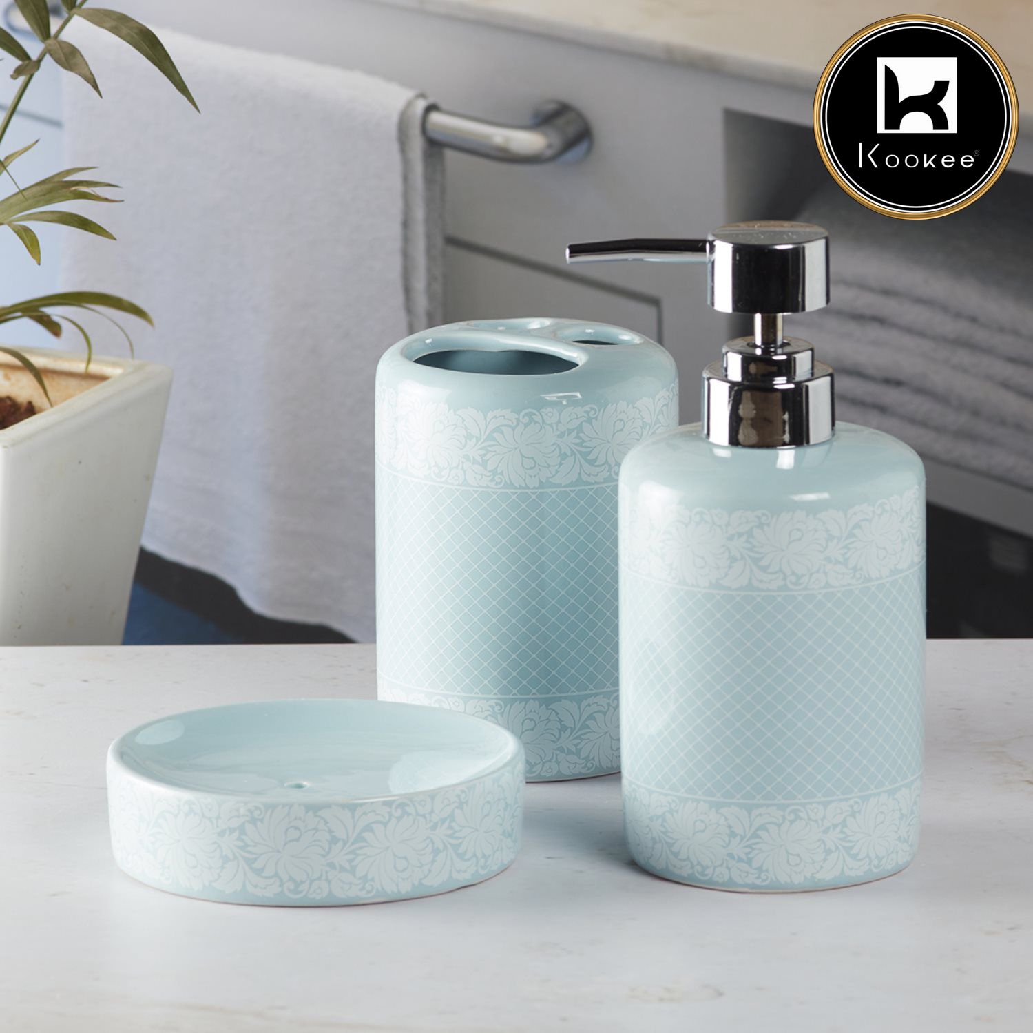 Ceramic Bathroom Accessories Set of 3 with Soap Dispenser (V-CBS-021-1)