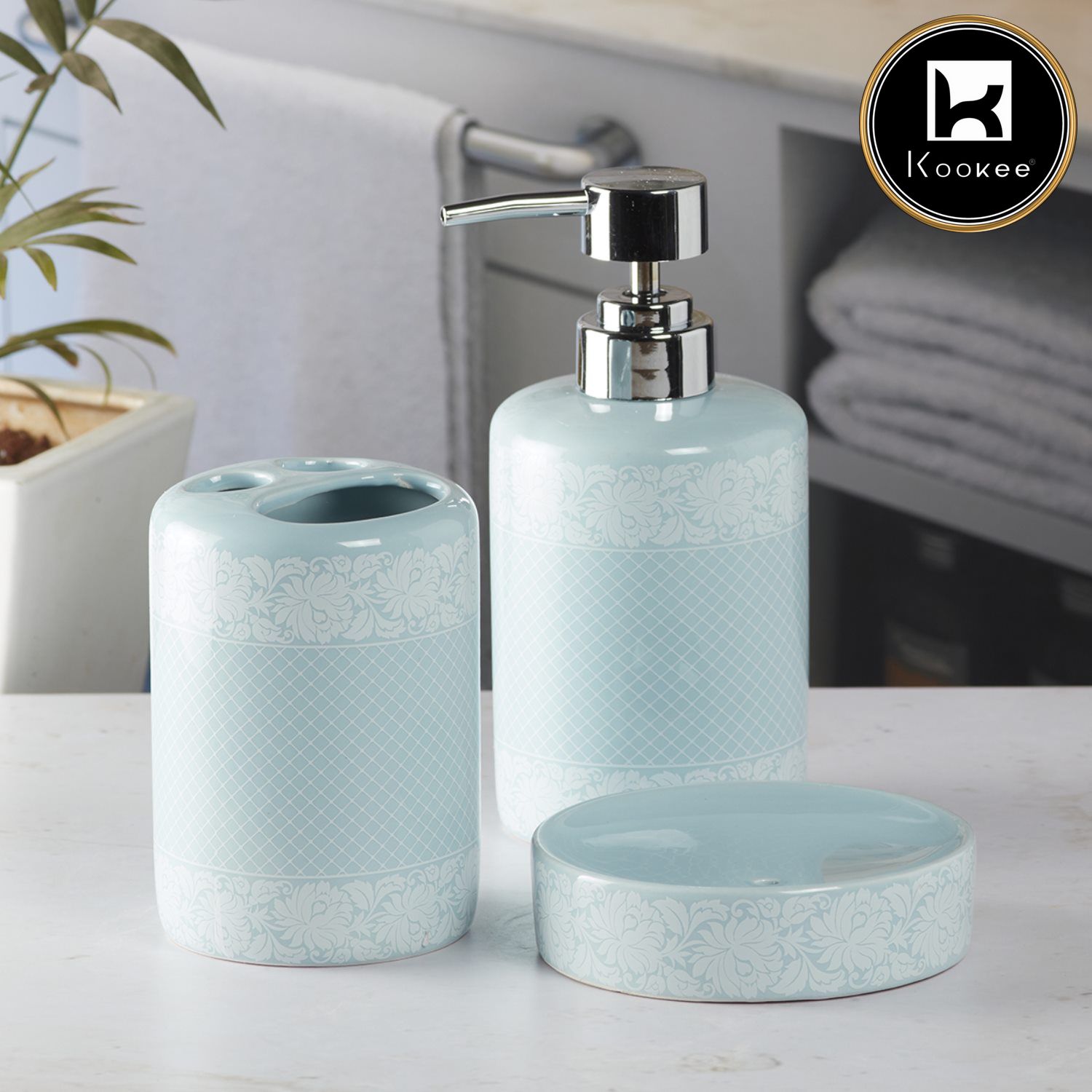 Ceramic Bathroom Accessories Set of 3 with Soap Dispenser (V-CBS-021-1)