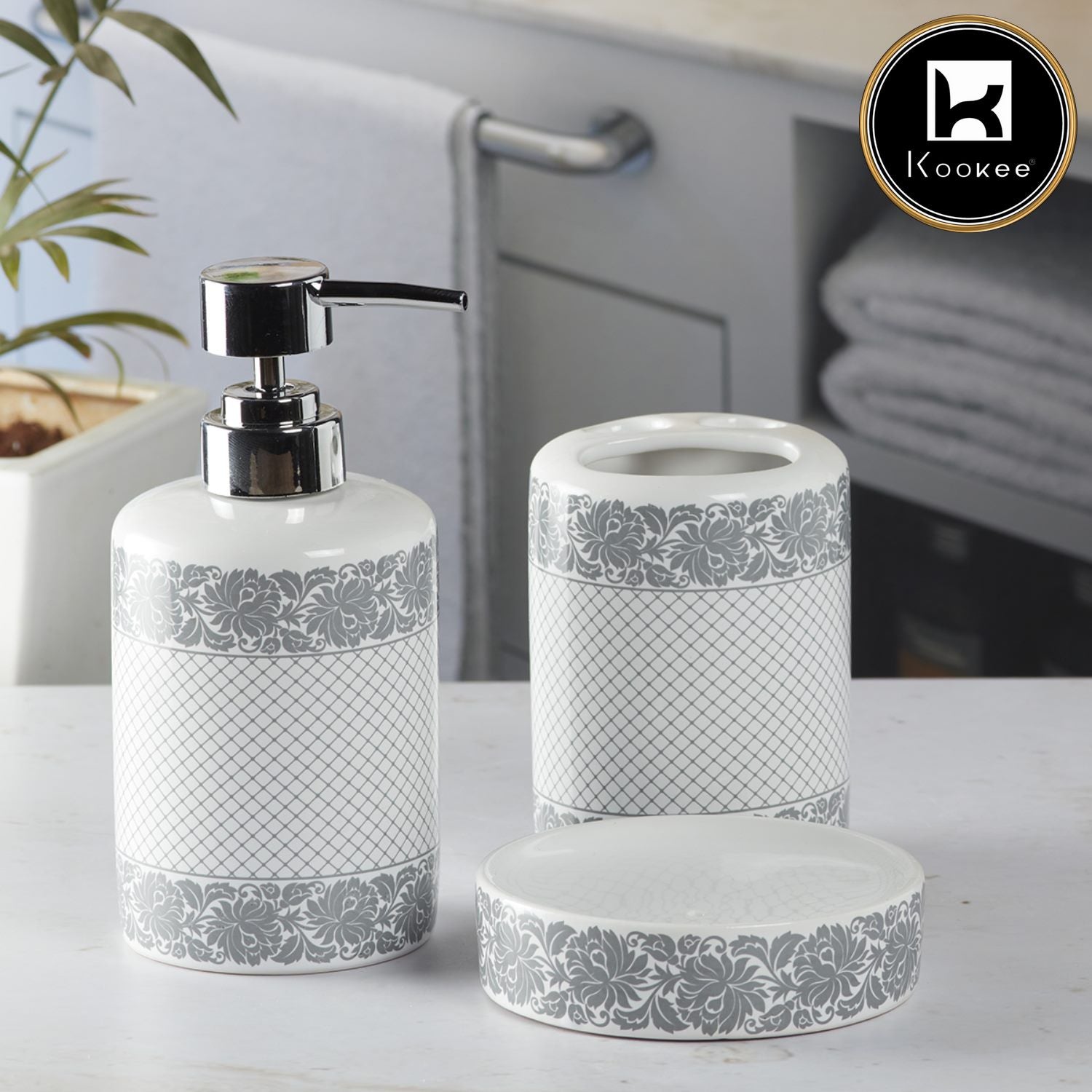 Ceramic Bathroom Accessories Set of 3 with Soap Dispenser (5765)