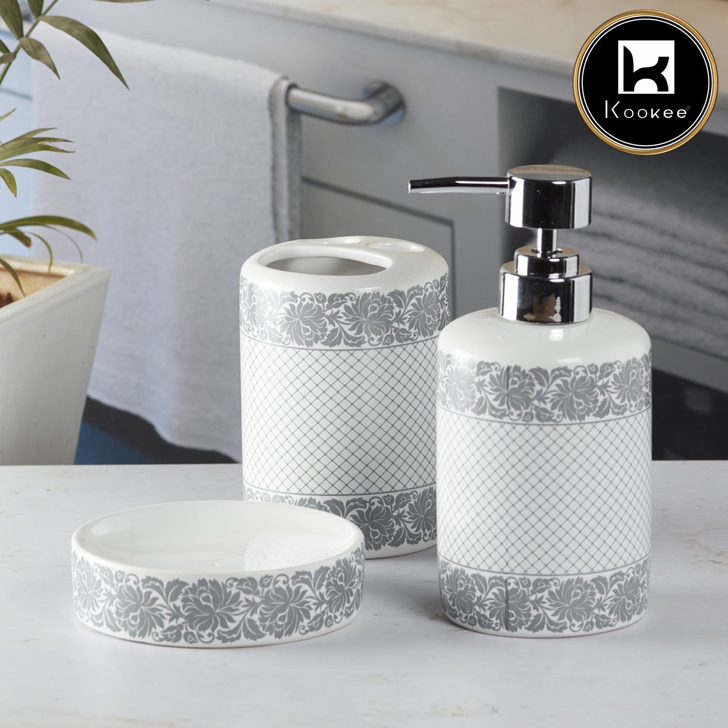 Ceramic Bathroom Accessories Set of 3 with Soap Dispenser (5765)