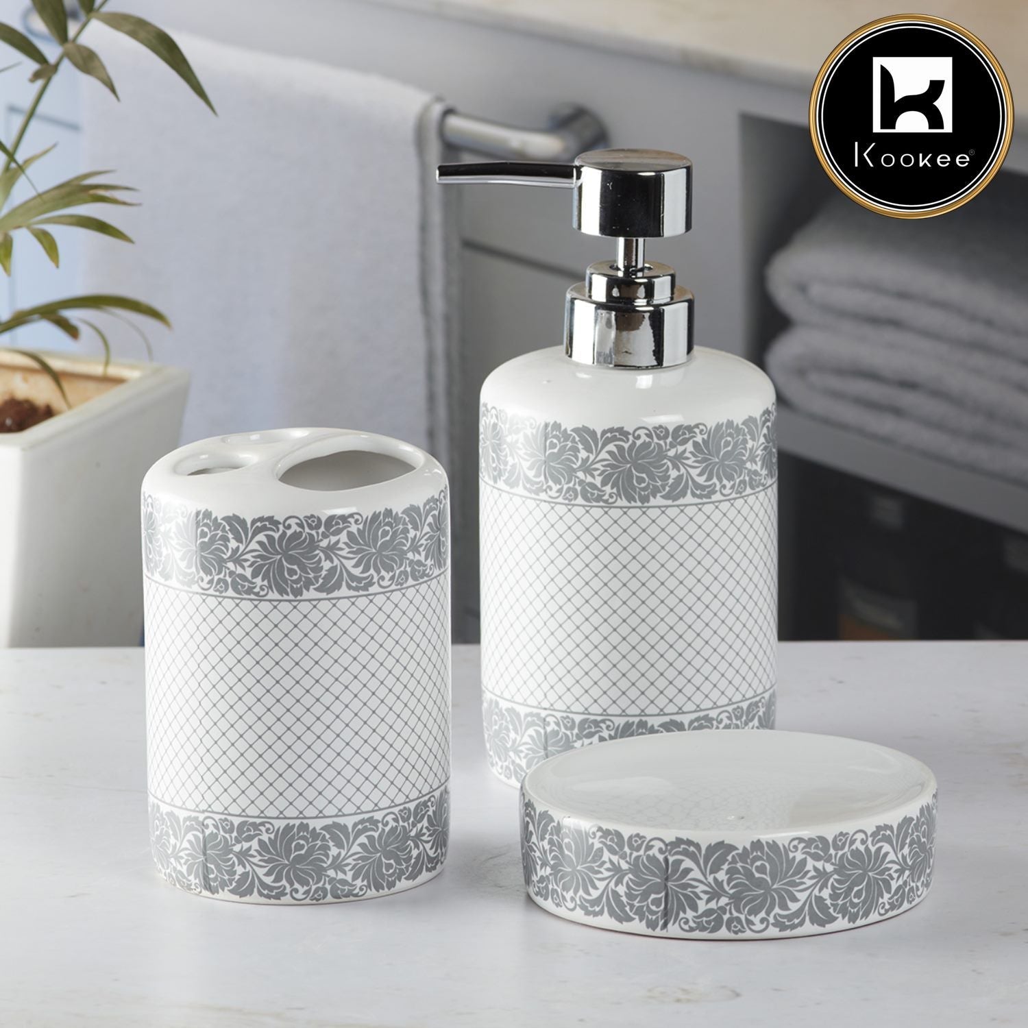 Ceramic Bathroom Accessories Set of 3 with Soap Dispenser (5765)