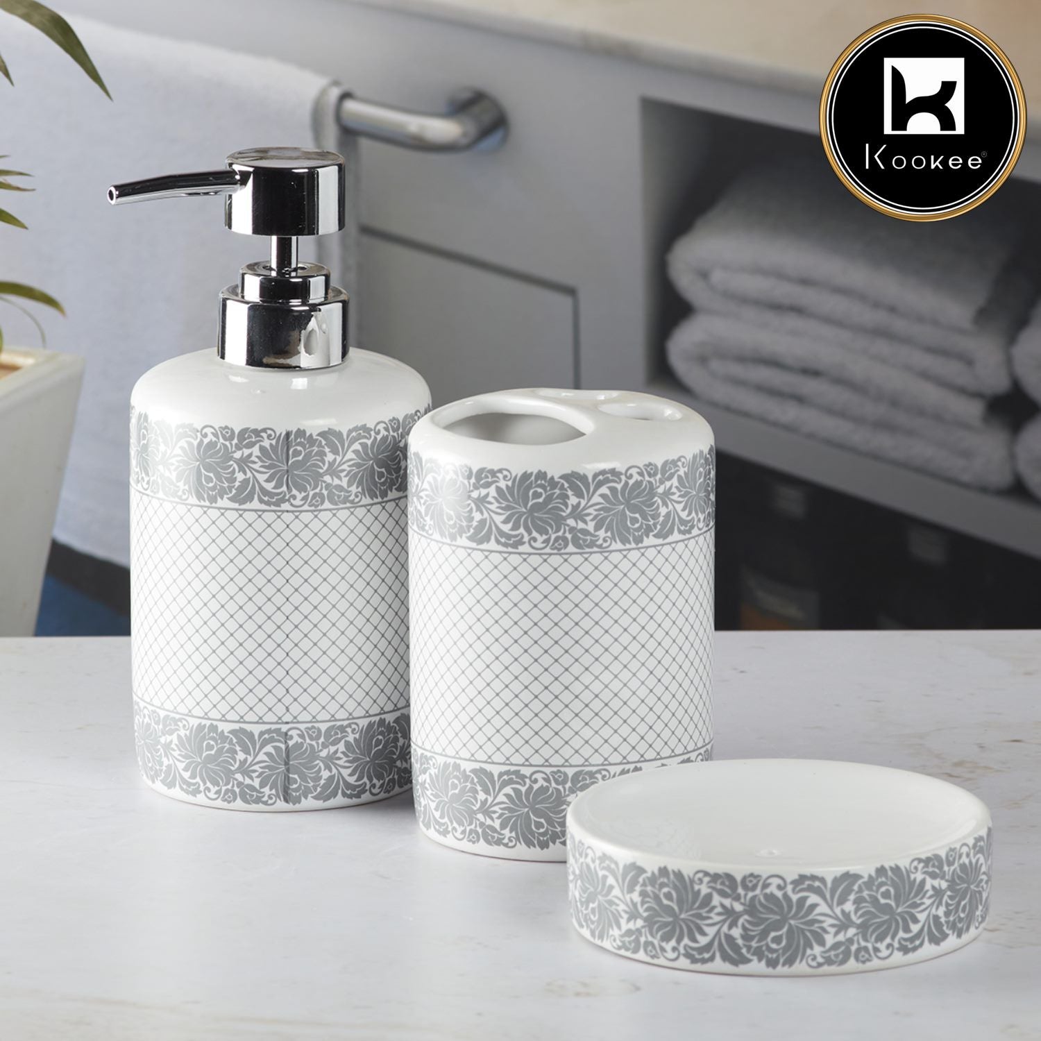 Kookee Ceramic Bathroom Accessories Set of 3, Modern Bath Set with Liquid handwash Soap Dispenser and Toothbrush holder, Luxury Gift Accessory for Home, White/Grey