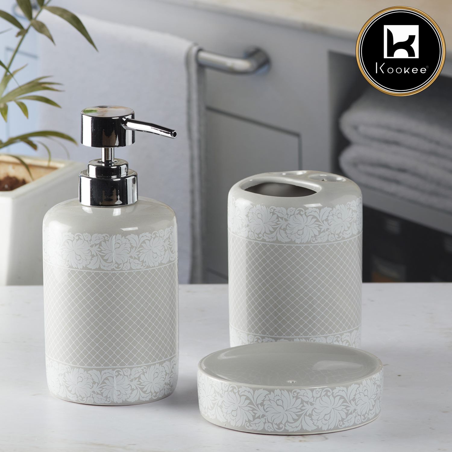 Ceramic Bathroom Accessories Set of 3 with Soap Dispenser (5766)