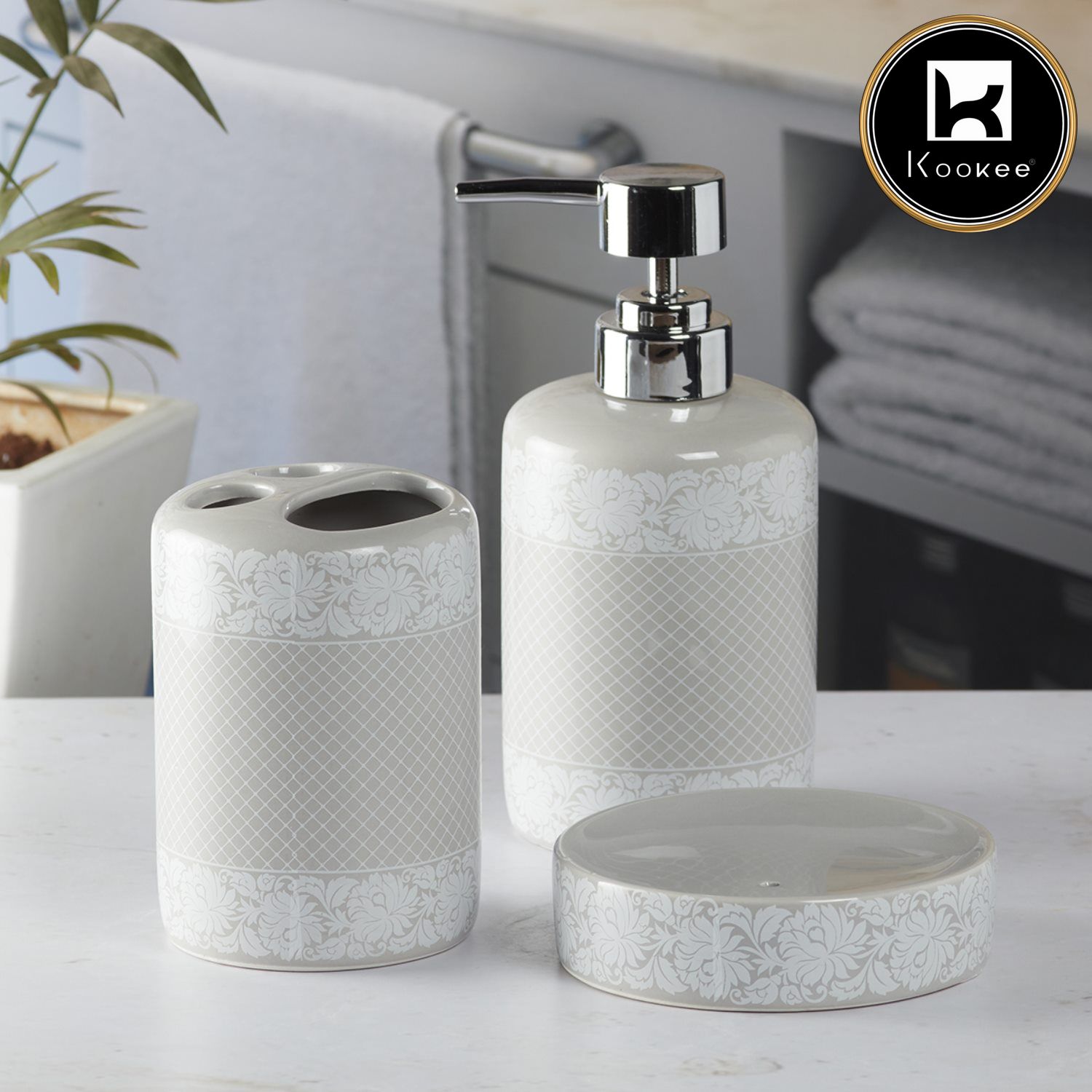 Ceramic Bathroom Accessories Set of 3 with Soap Dispenser (5766)