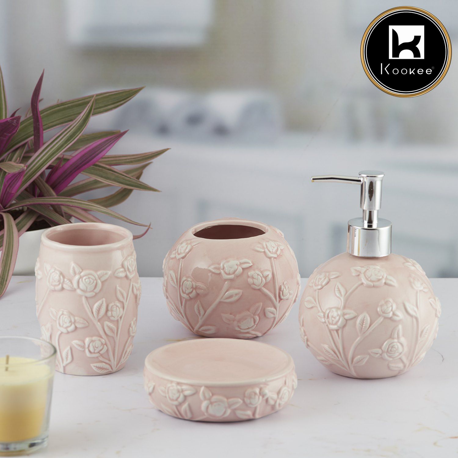 Kookee Ceramic Bathroom Sets, Pink, ART05776