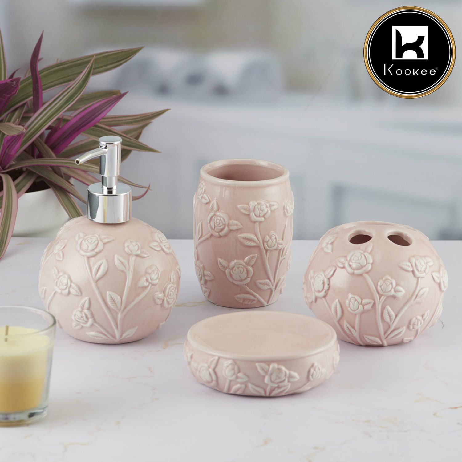 Kookee Ceramic Bathroom Sets, Pink, ART05776