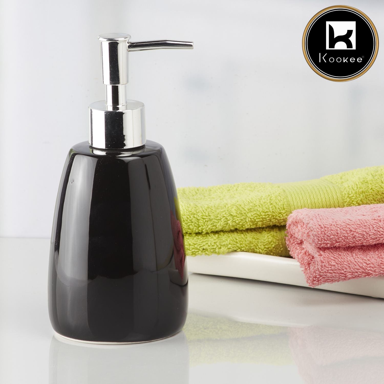 Kookee Ceramic Soap Dispenser with Stylish Refillable Pump Bottle for Bathroom Handwash & Kitchen Wash Basin, Perfect for Hand Soap, Lotion, and more, Black,