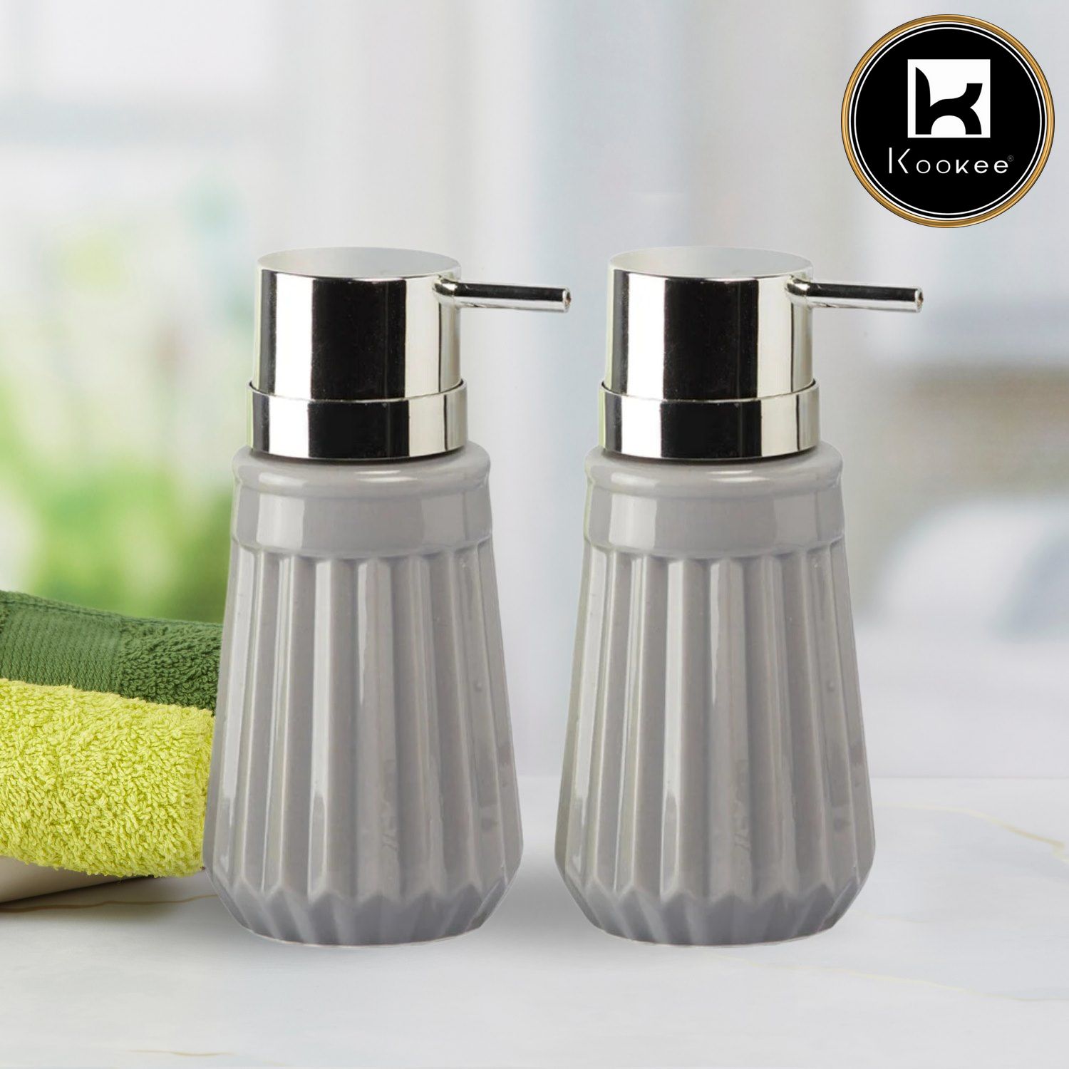 Kookee Ceramic Soap Dispenser with Stylish Refillable Pump Bottle for Bathroom Handwash & Kitchen Wash Basin, Perfect for Hand Soap, Lotion, and more, Grey,