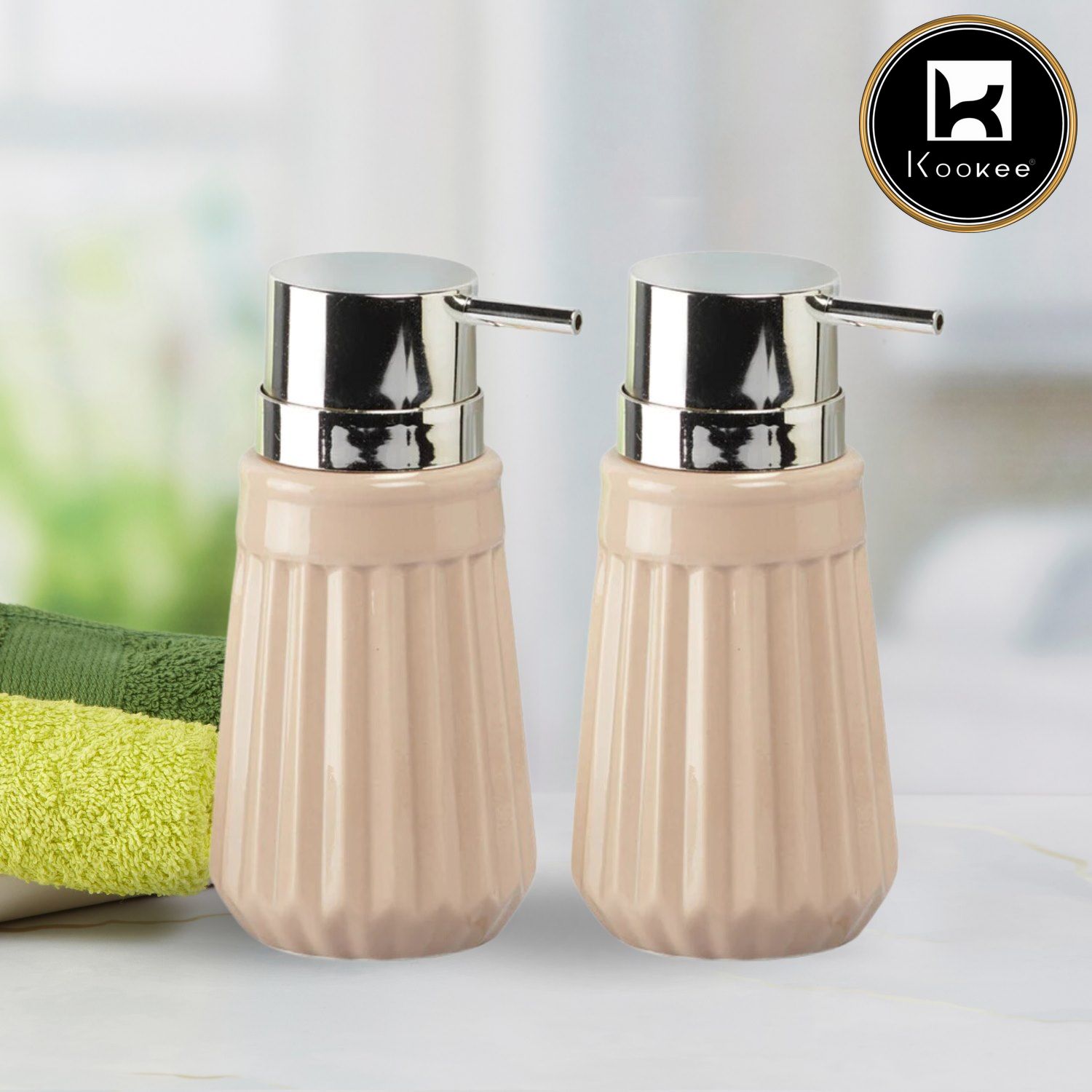 Kookee Ceramic Soap Dispenser with Stylish Refillable Pump Bottle for Bathroom Handwash & Kitchen Wash Basin, Perfect for Hand Soap, Lotion, and more, Beige,