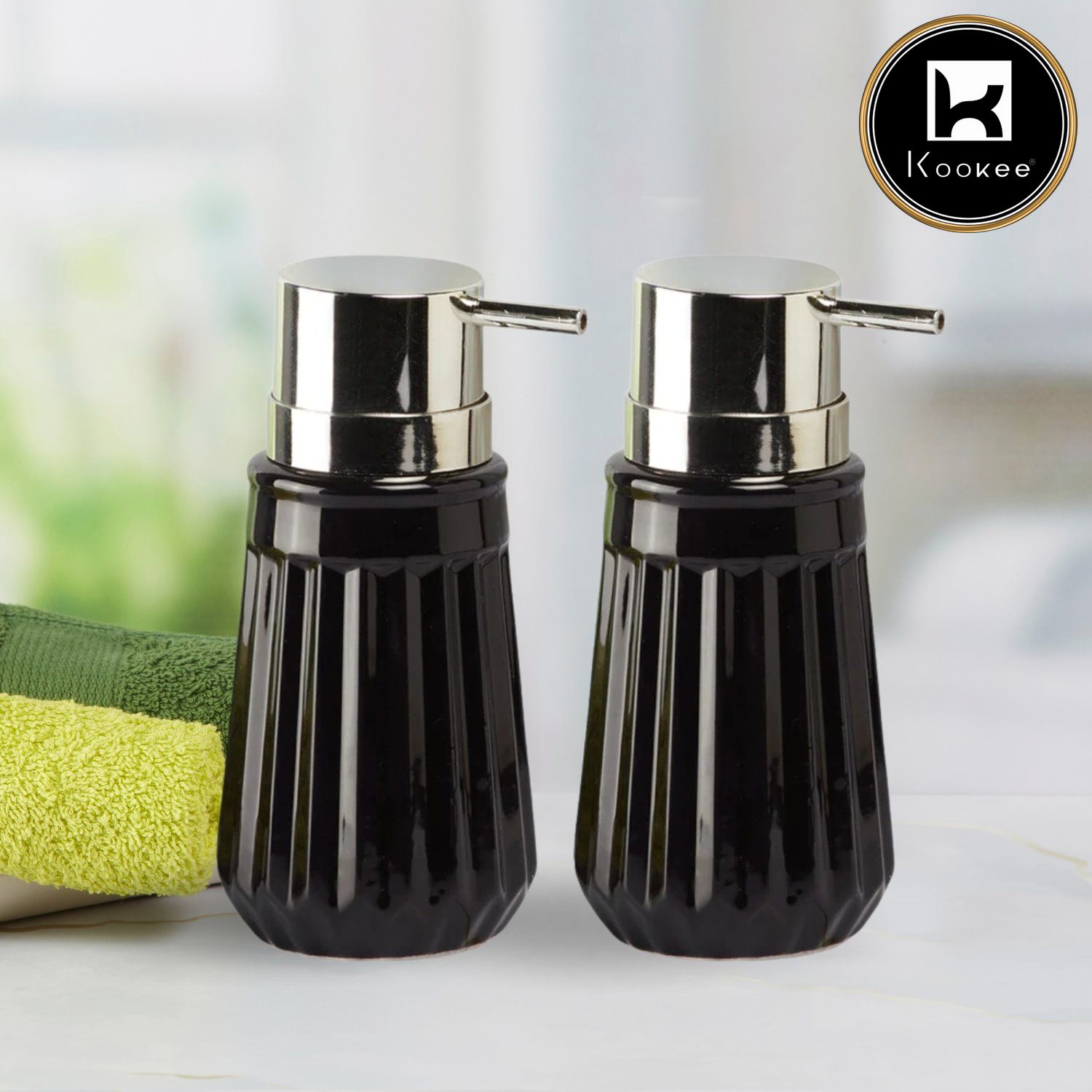 Kookee Ceramic Soap Dispenser with Stylish Refillable Pump Bottle for Bathroom Handwash & Kitchen Wash Basin, Perfect for Hand Soap, Lotion, and more, Black,