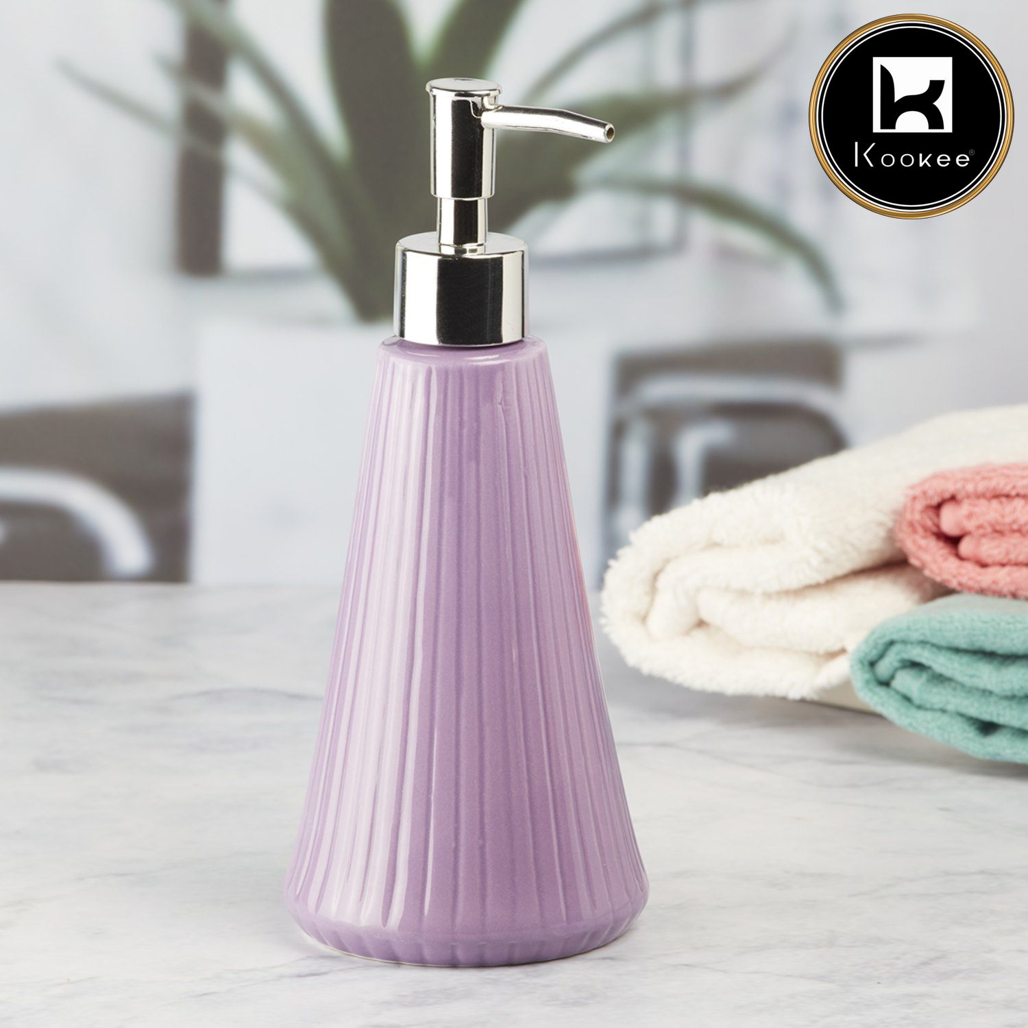 Kookee Ceramic Soap Dispenser with Stylish Refillable Pump Bottle for Bathroom Handwash & Kitchen Wash Basin, Perfect for Hand Soap, Lotion, and more, Purple,