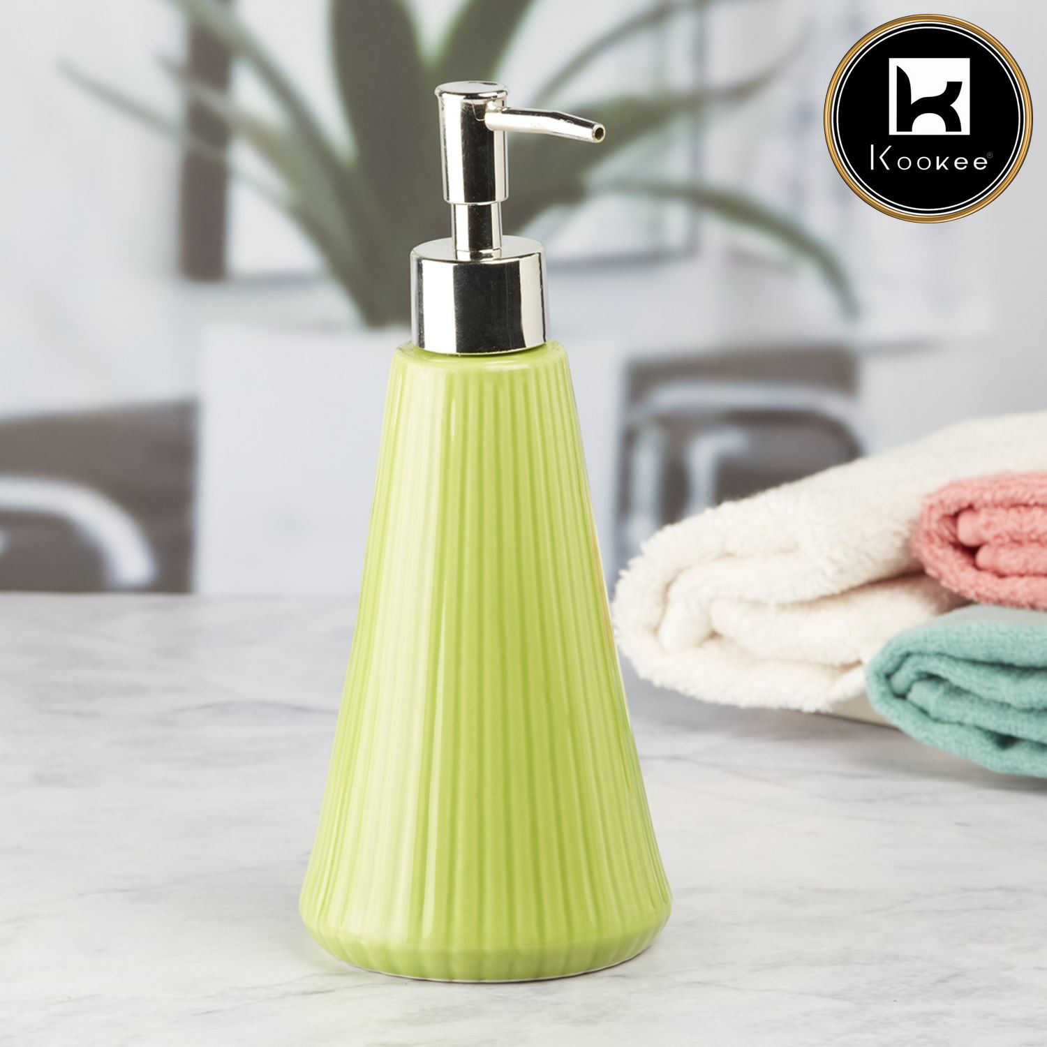 Kookee Ceramic Soap Dispenser with Stylish Refillable Pump Bottle for Bathroom Handwash & Kitchen Wash Basin, Perfect for Hand Soap, Lotion, and more, Green,