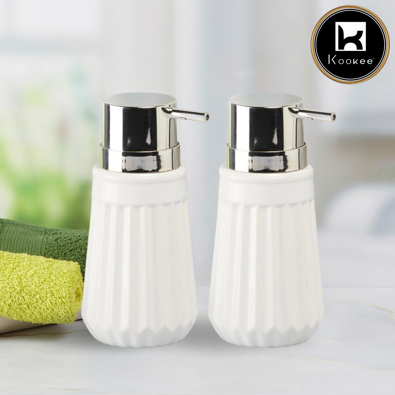 Kookee Ceramic Soap Dispenser for handwash for Bathroom, White (Set of 2) (9563)
