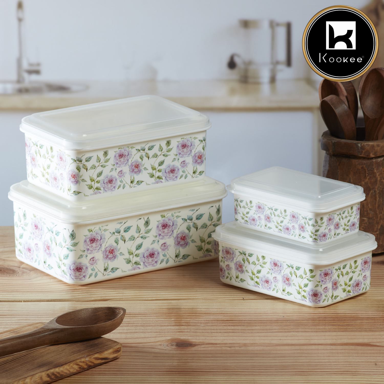 Kookee Plastic Airtight Container with Lid, Set of 4, Rectangle (16209)