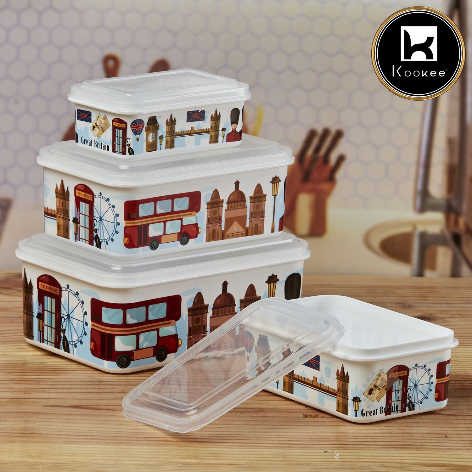 Kookee Plastic Airtight Container with Lid, Set of 4, Rectangle (6211)