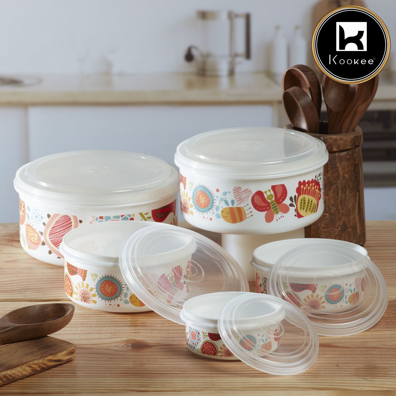 Kookee Plastic Airtight Container with Lid, Set of 5, Round (6216)