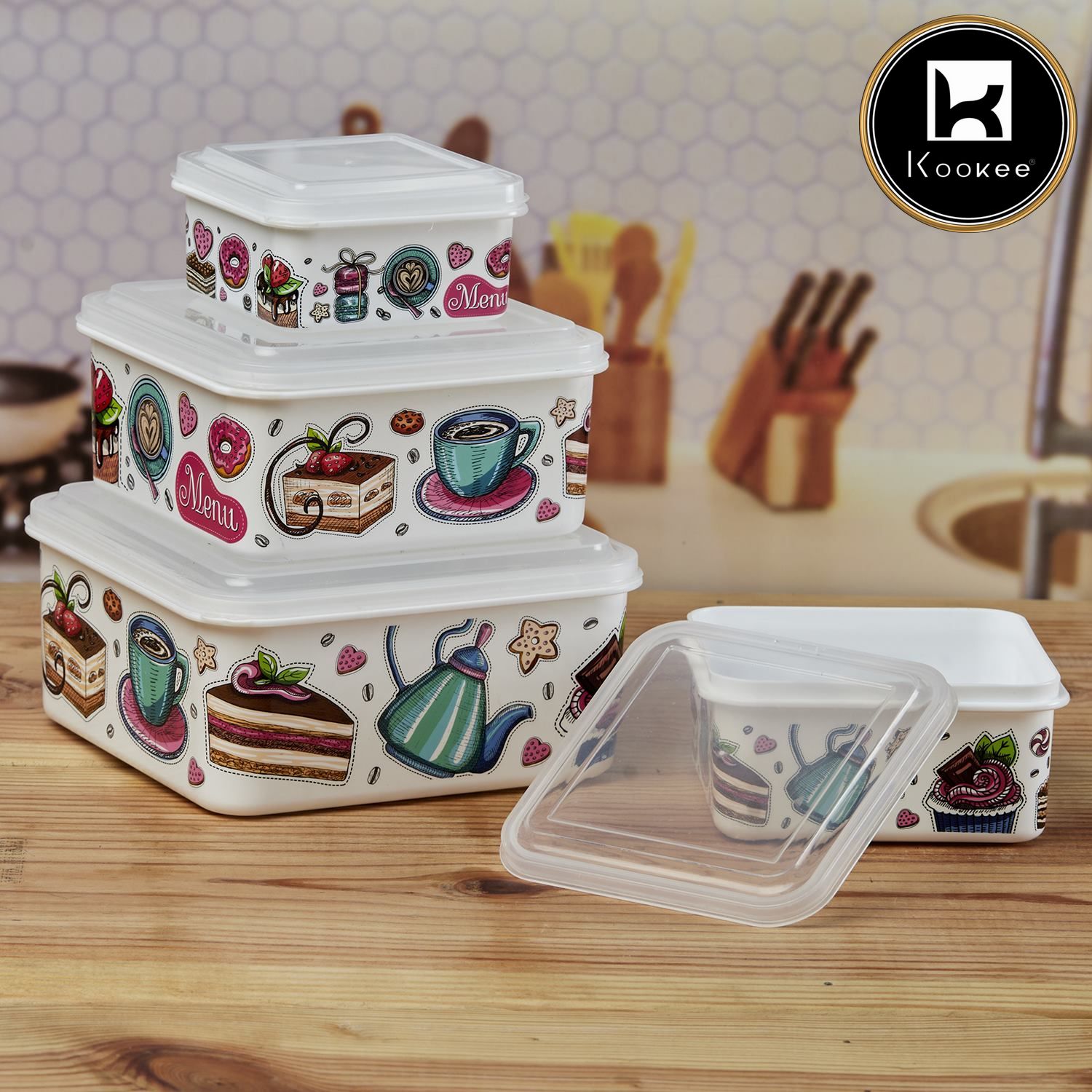 Kookee Plastic Airtight Container with Lid, Set of 4, Square (6219)