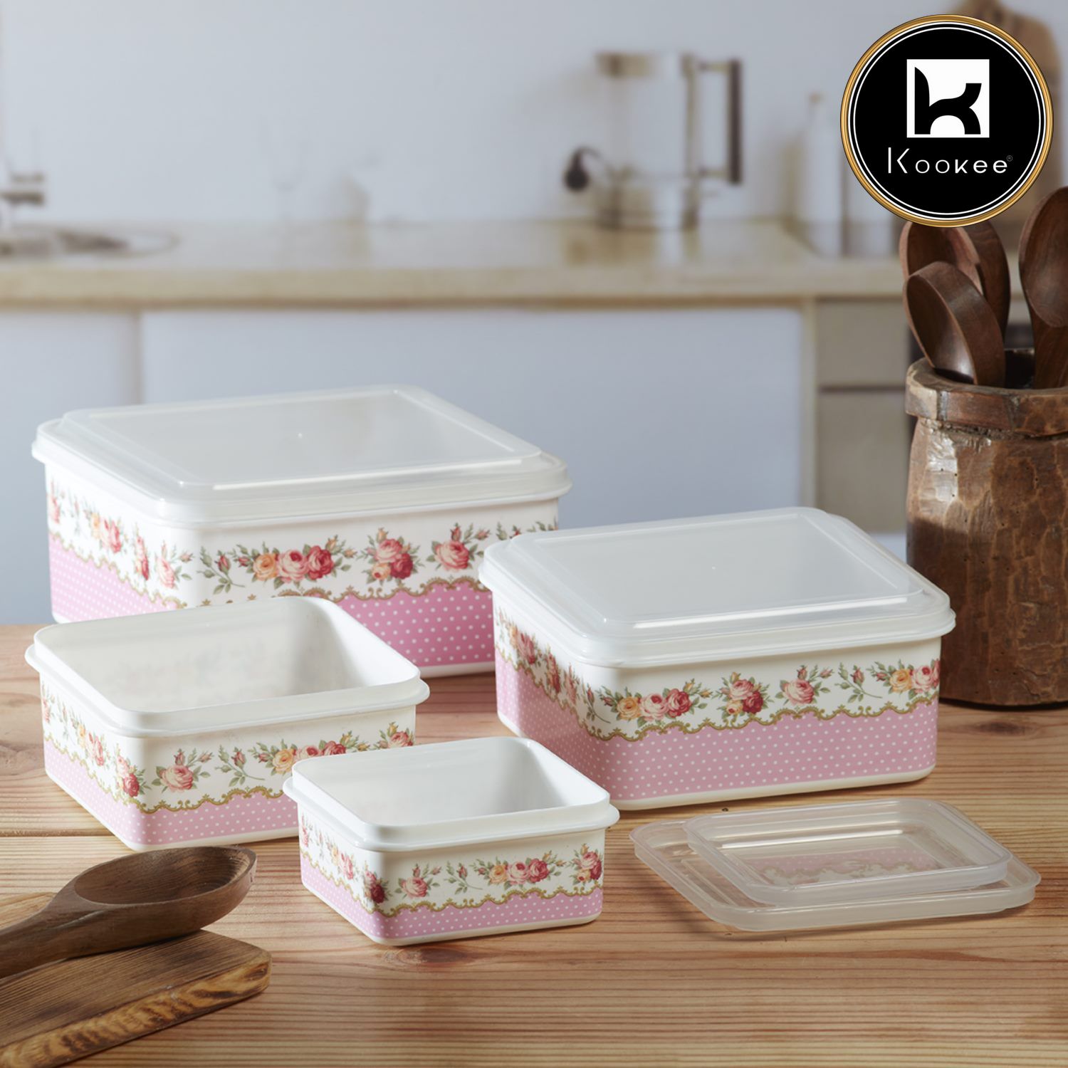 Kookee Plastic Airtight Container with Lid, Set of 4, Square (16220)