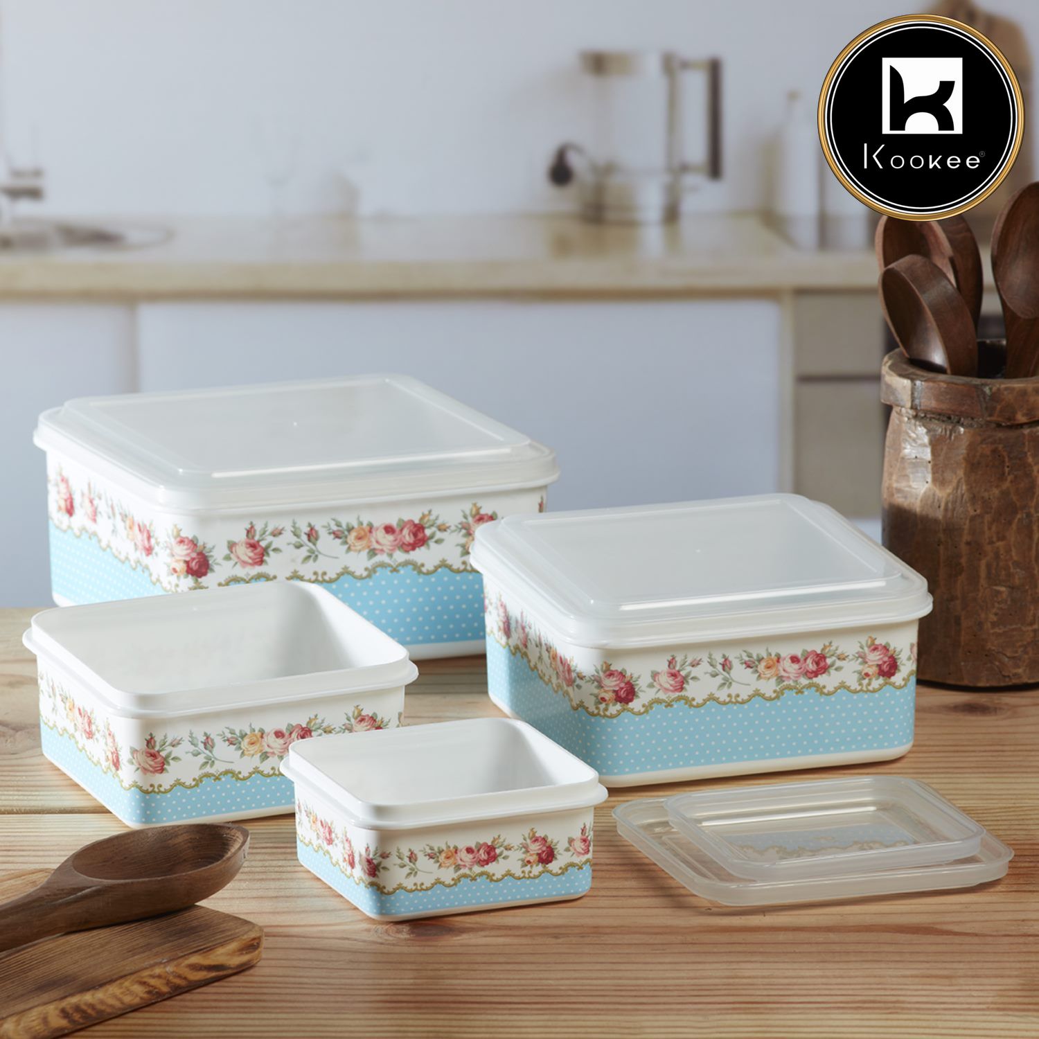 Kookee Plastic Airtight Container with Lid, Set of 4, Square (16221)