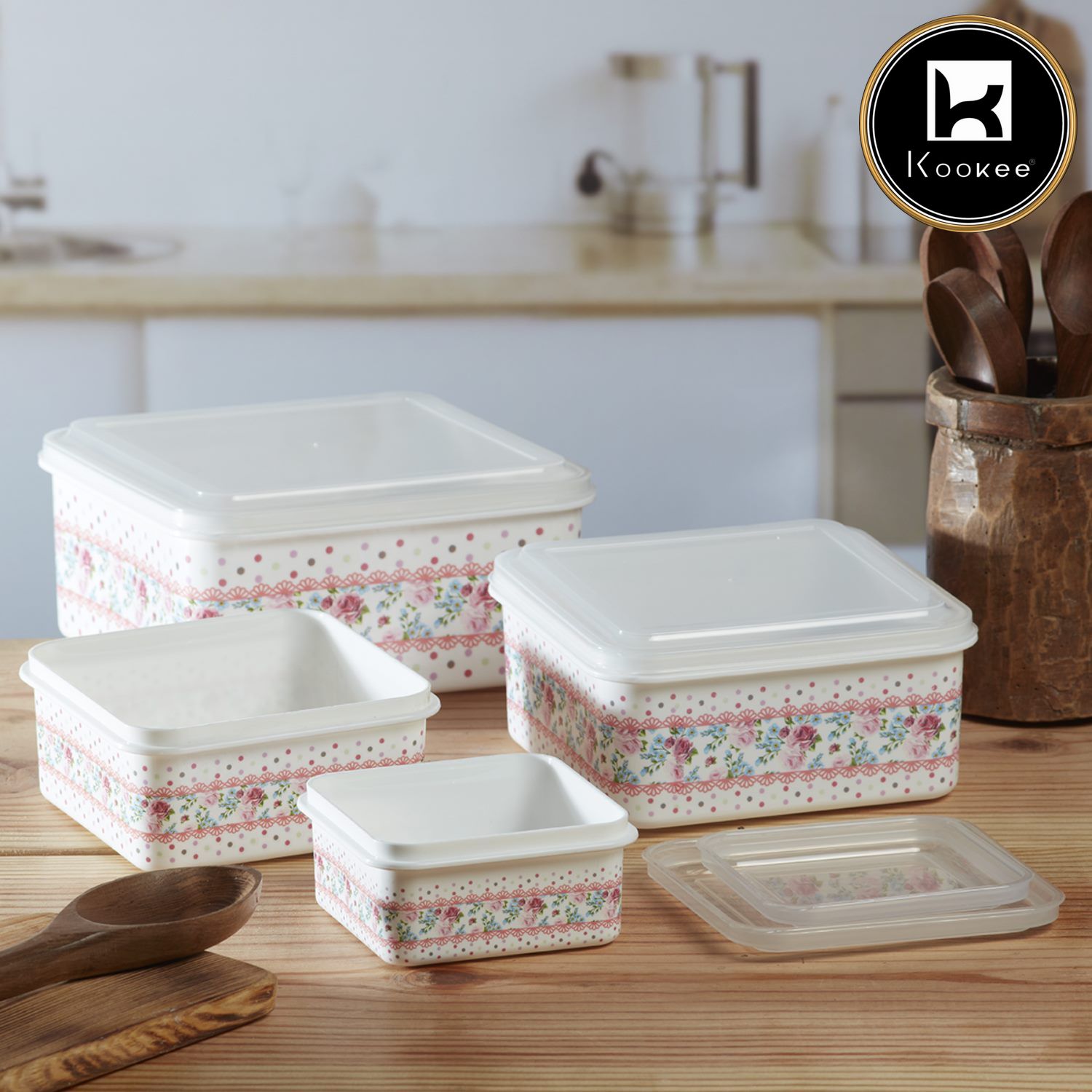 Kookee Plastic Airtight Container with Lid, Set of 4, Square (6222)