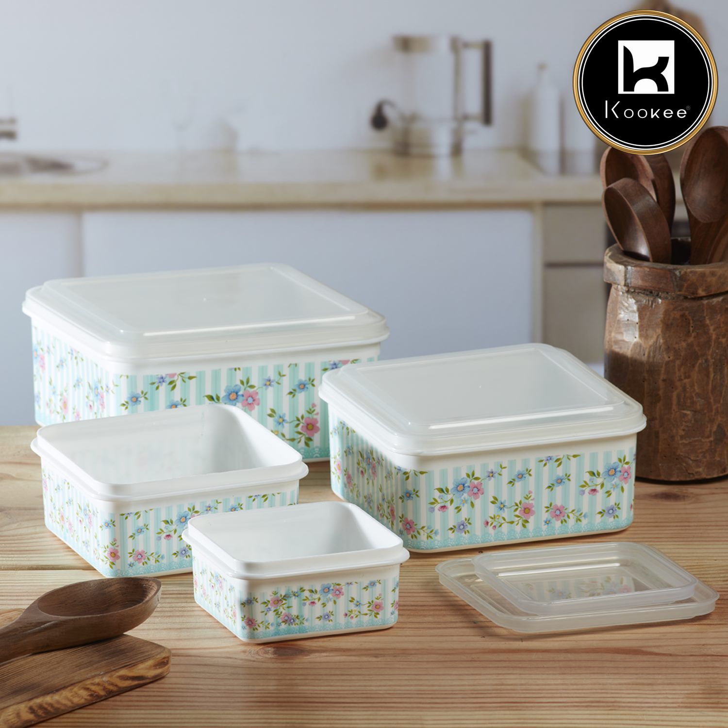 Kookee Plastic Airtight Container with Lid, Set of 4, Square (6224)