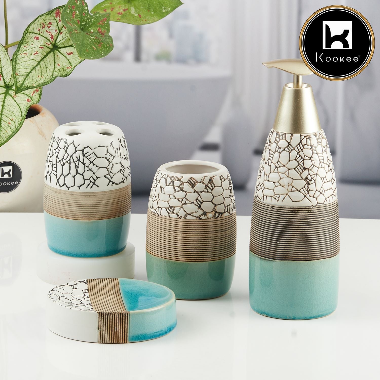 Ceramic Bathroom Accessories Set of 4 with Soap Dispenser (V-CBS-023-1)