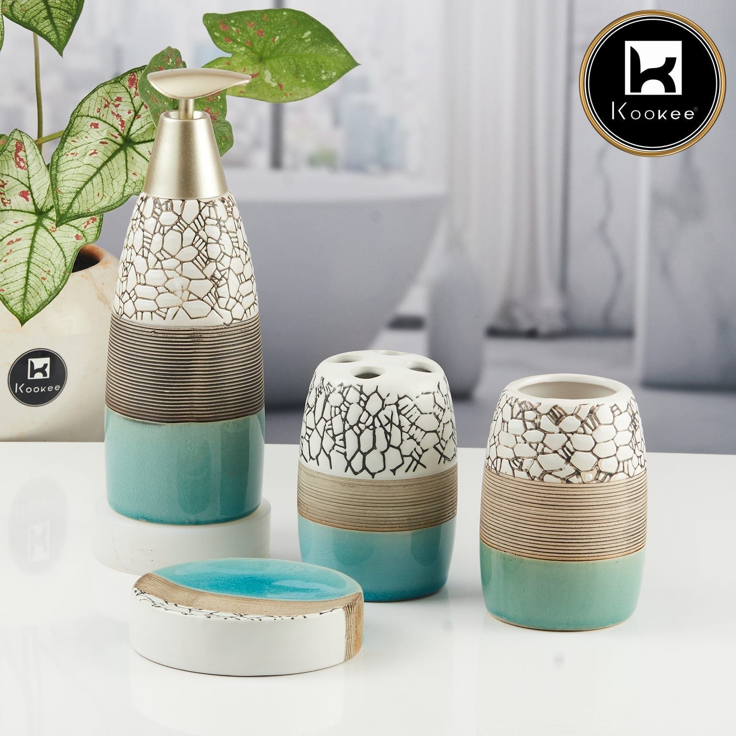 Ceramic Bathroom Accessories Set of 4 with Soap Dispenser (6251)