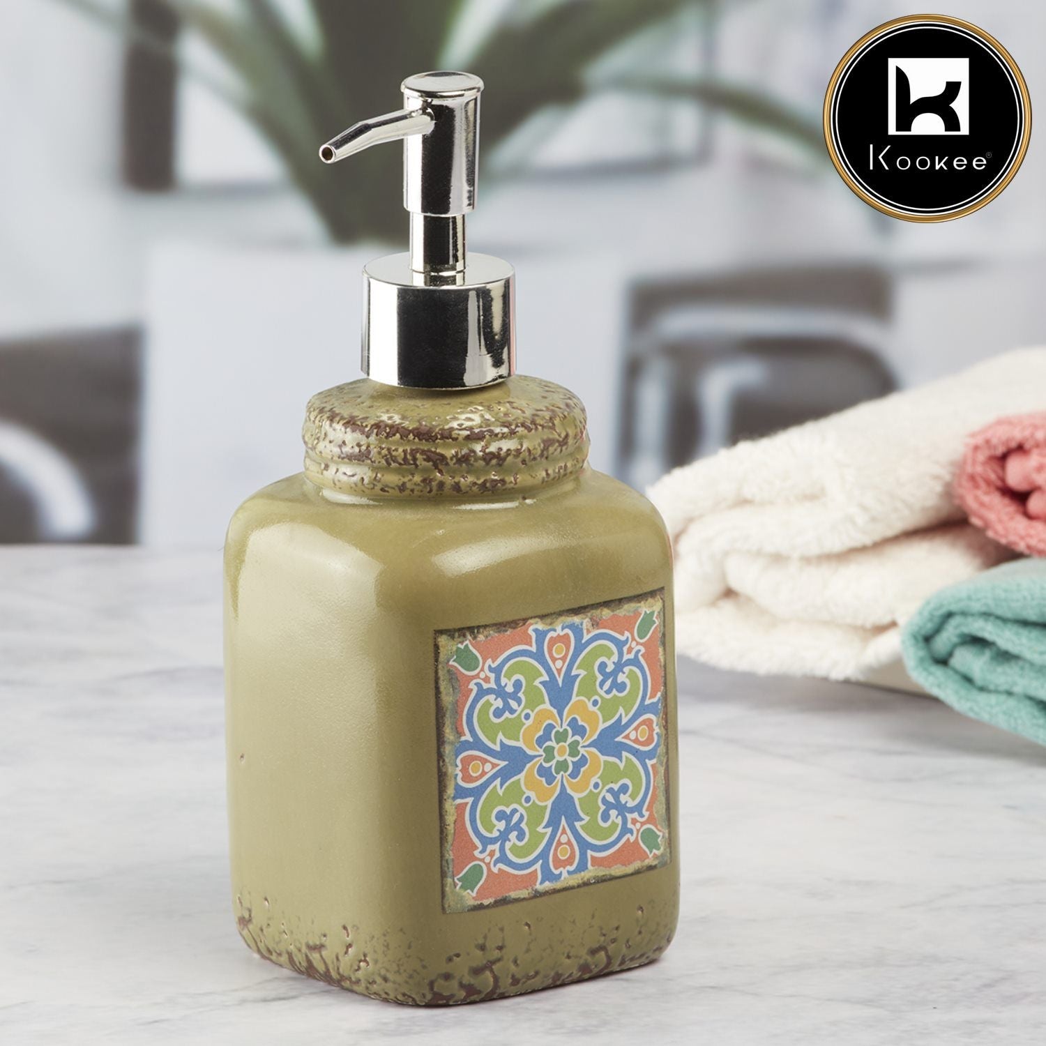 Ceramic Soap Dispenser for handwash for Bathroom, Green, (Set of 1) (6293)